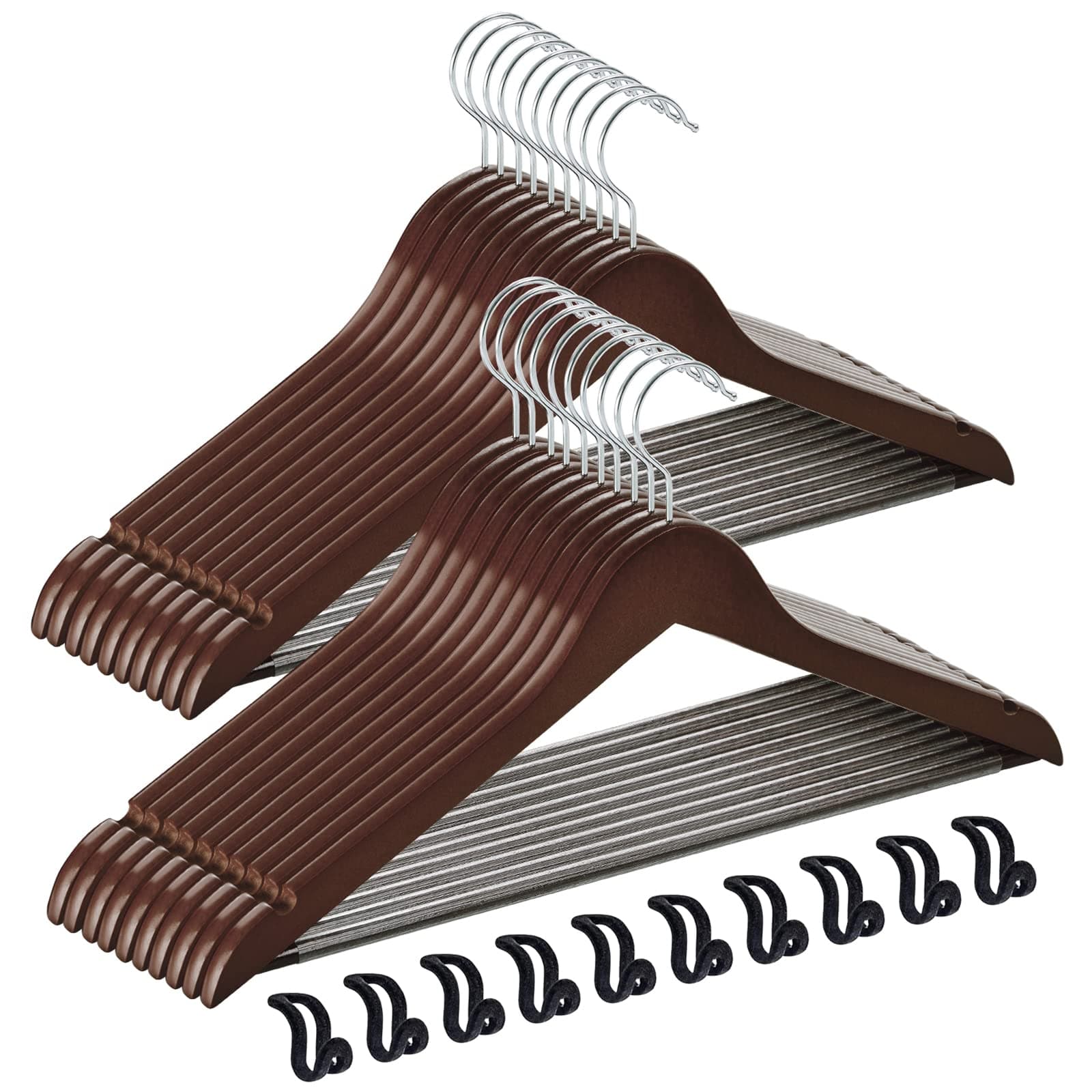 TECHMILLY 20 Pack Solid Wooden Suit Hangers, Heavy Duty Coat Hangers for Closet, Smooth Finish Clothes Hangers with 360° Swivel Hook & Non Slip Pant Bar & Cut Notches for Shirt, Walnut