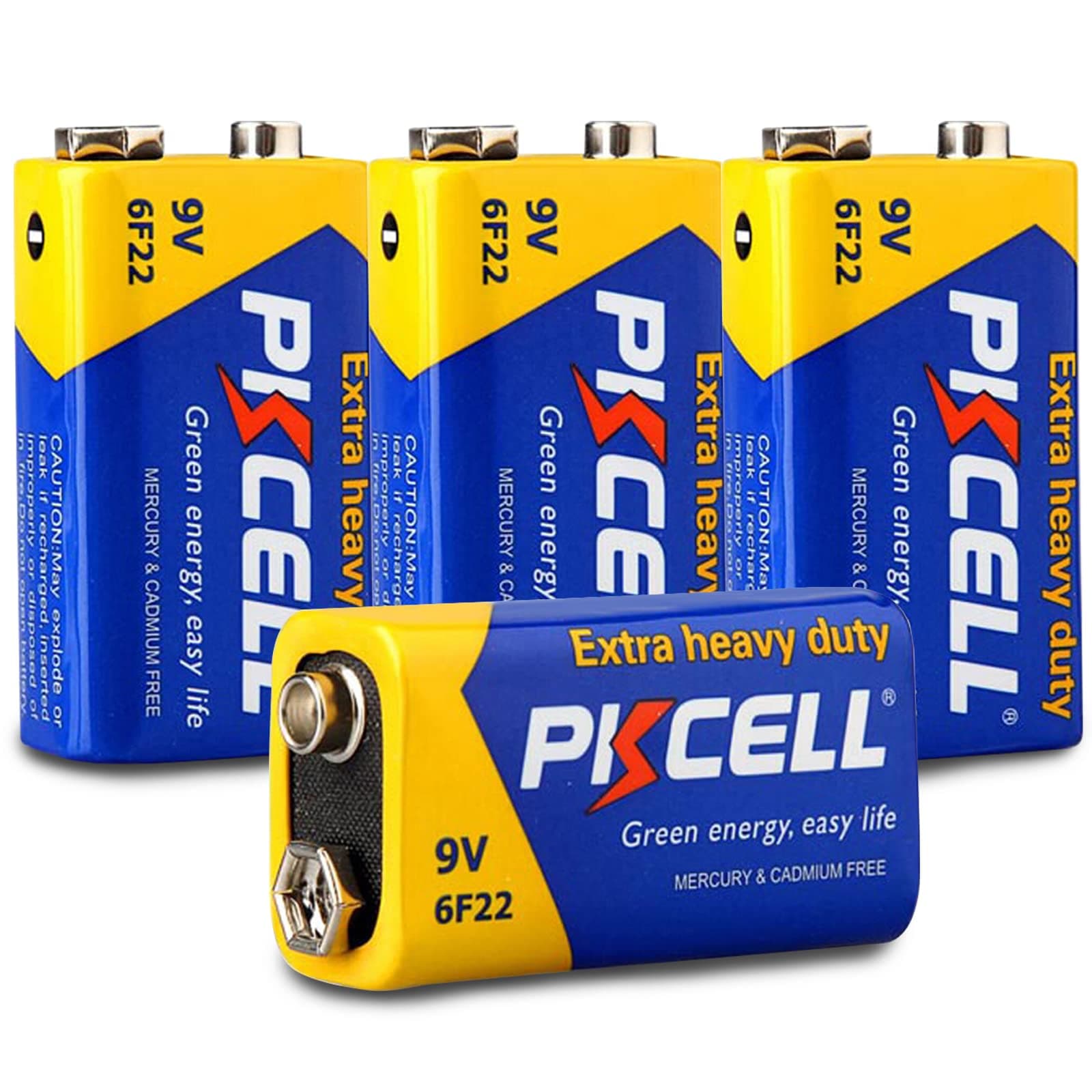 PKCELL 9V Battery 6F22/PP3 (4 Pack) - Long-Lasting 9 Volt Square Batteries for Smoke Alarm, Fire Detector, Multimeter & Remote Control Car - 0% Plastic Packaging - 3-Year Storage