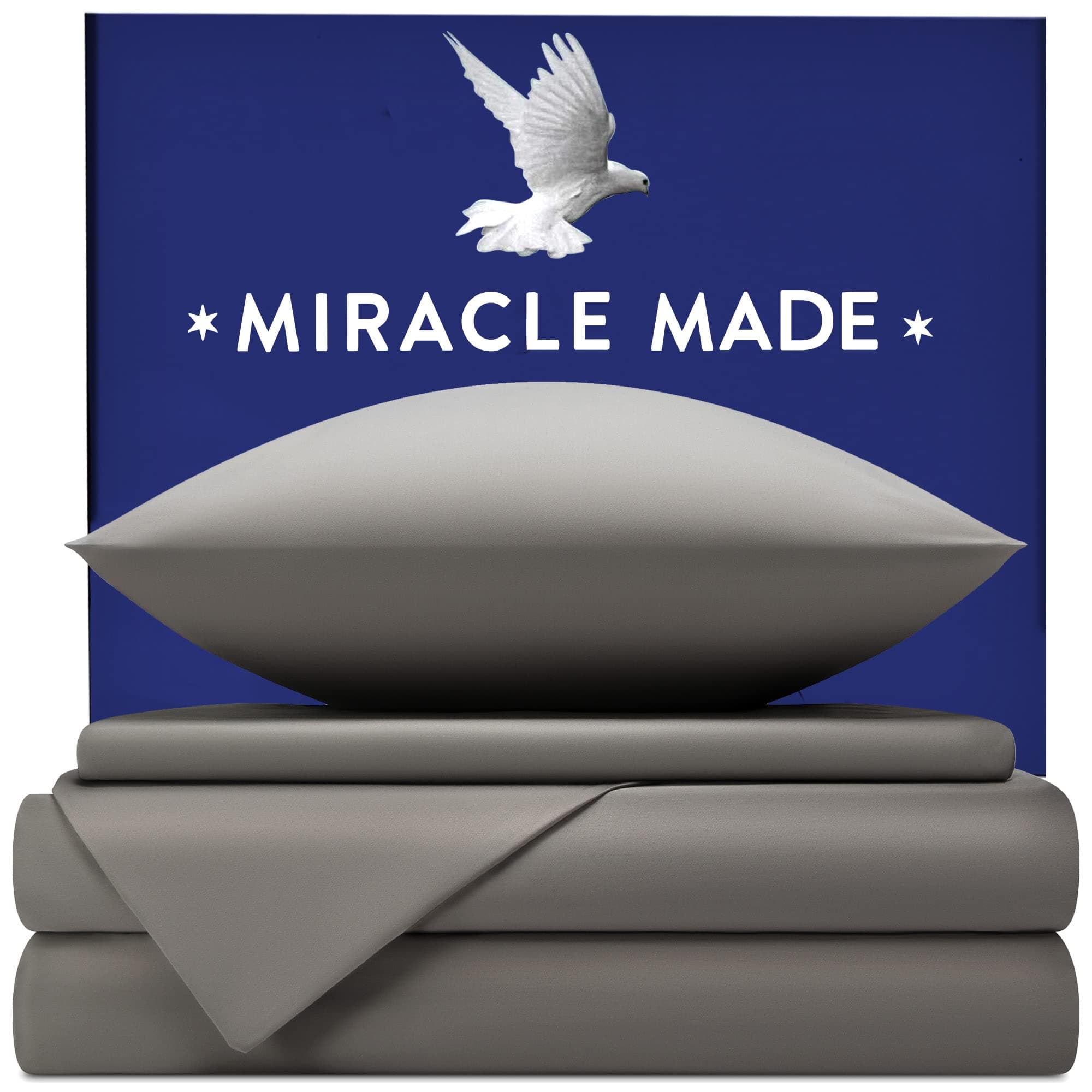 Miracle Made® Luxe Thermoregulating Bed Sheets –Stone, King– 4 Piece Linen Silver Infused, 300-Thread-Count Miracle Clean & Cool ™ Eucalyptus Lyocell Fabric for Sensitive Skin Ultra-Breathable