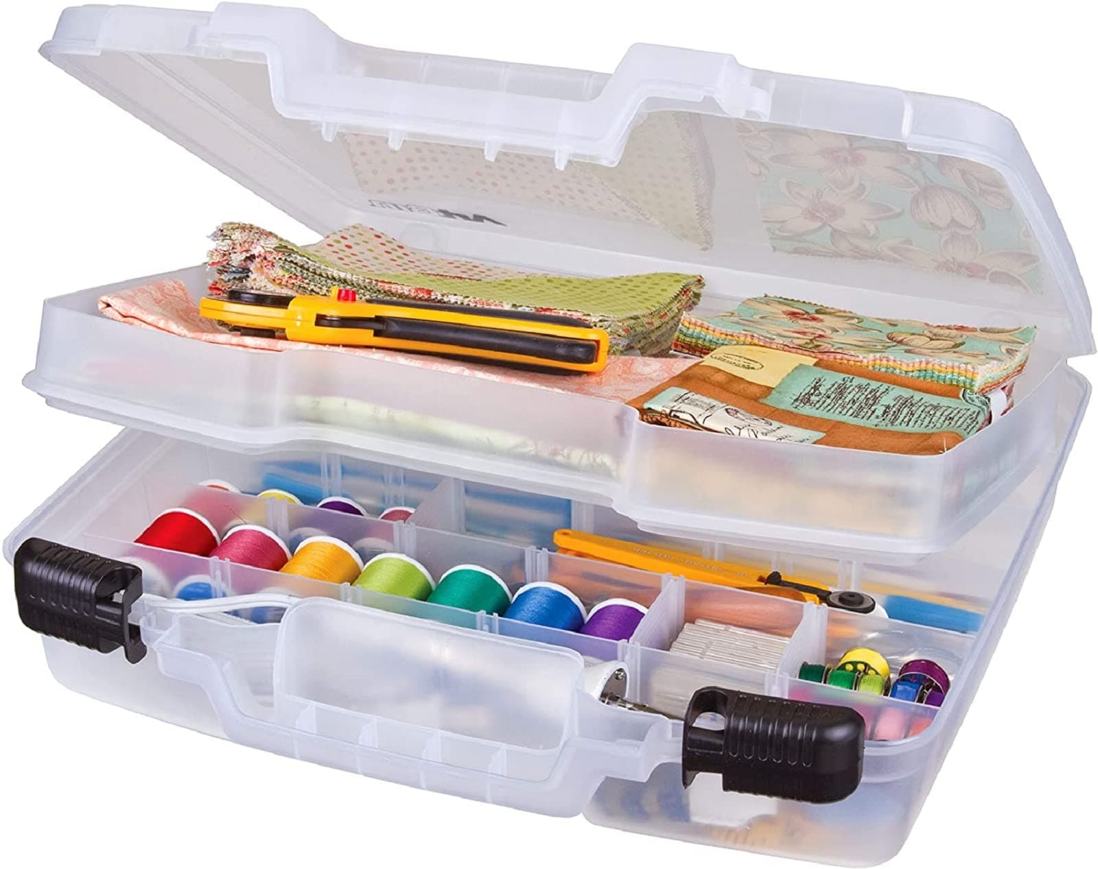 6962AB Quick View Deep Base Carrying Case with Removable Dividers and Tray, Portable Art & Craft Storage Box, 15", Clear