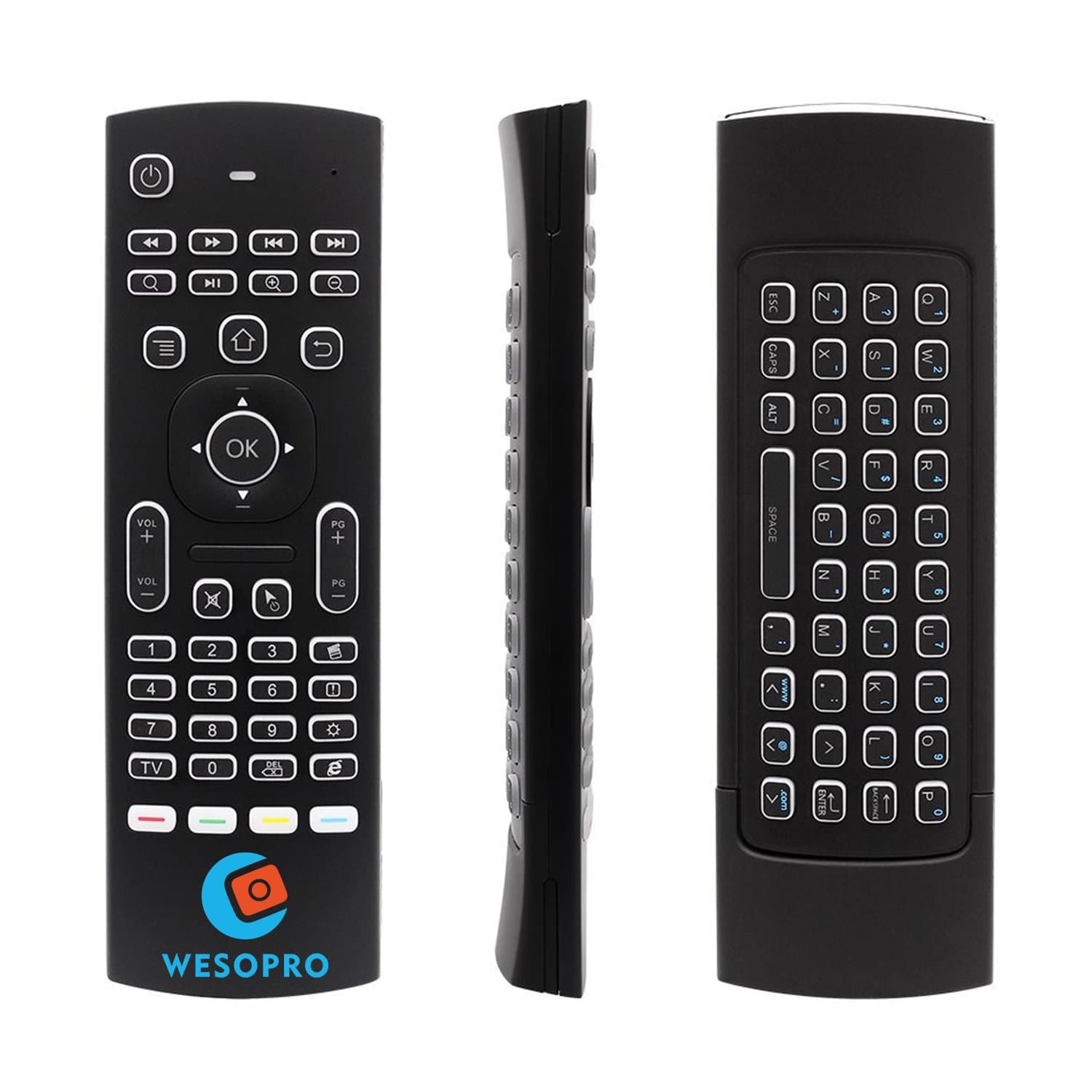 WESOPRO MX3B Backlight Air Remote Mouse, 2.4GHz Wireless Fly Mouse with Keyboard & Infrared Learning Remote Control for Android TV Box.Android Projector.HTPC.IPTV.Pad.PS3/PS4.