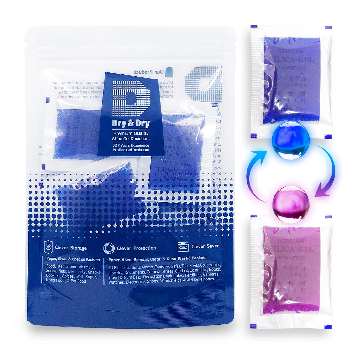 Dry & Dry 5 Gram [50 Packets] Blue Indicating(Blue to Pink) Silica Gel Packets Desiccants Silica Gel Packets - Rechargeable Silica Packets, Silica Gel, Silica Gel Packs
