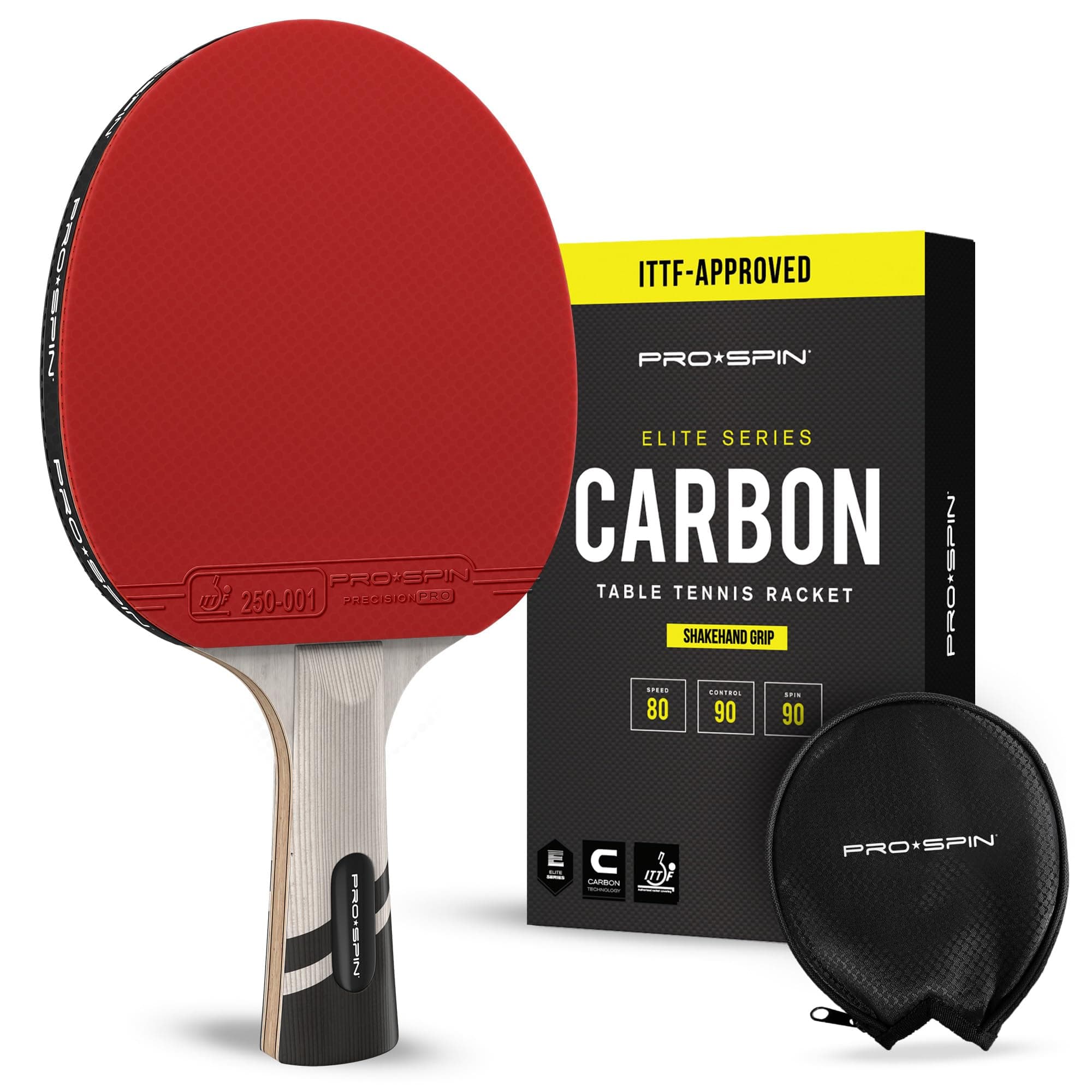 PRO SPIN Elite Series Pro Carbon Performance-Level Table Tennis Racket with Carbon Fiber Technology, Bonus Premium Rubber Protector (Red)