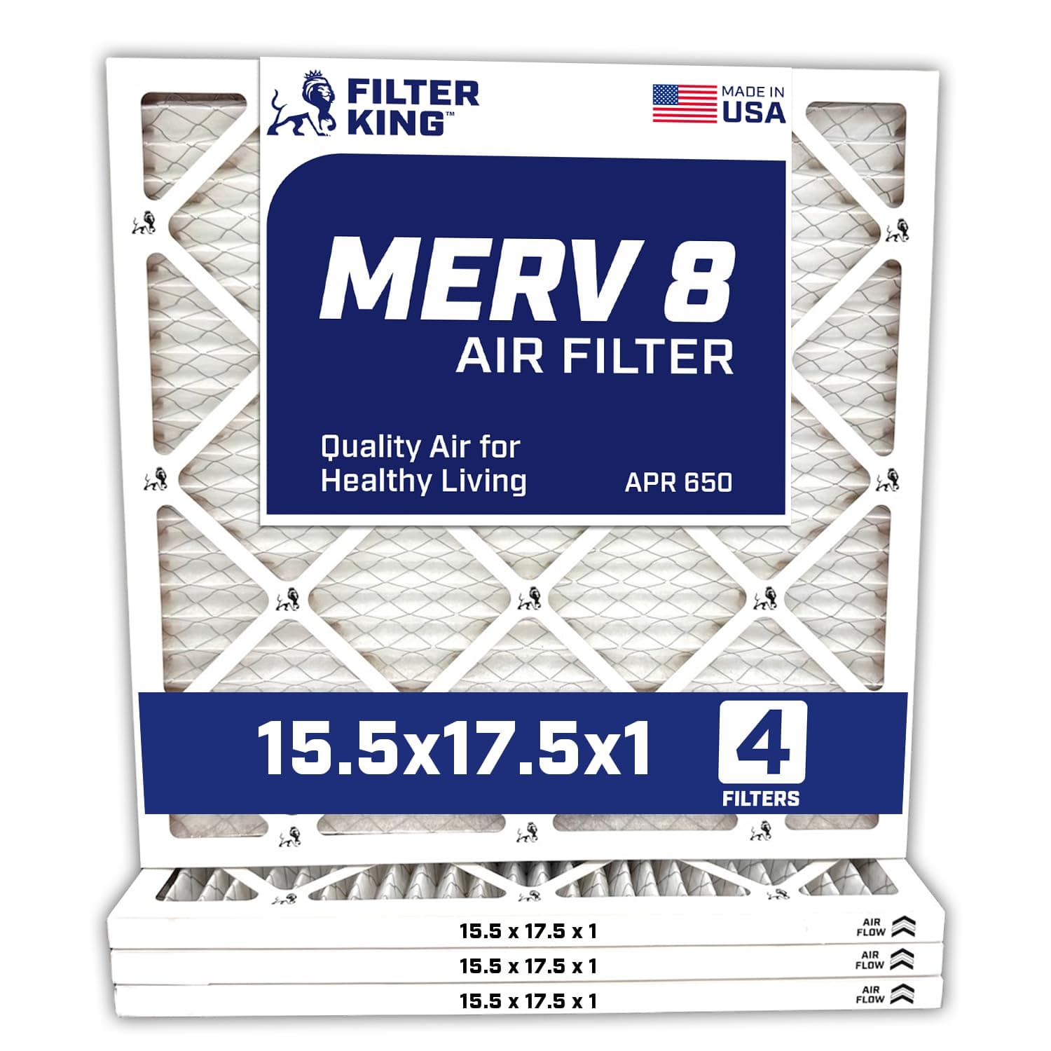 Filter King 15.5x17.5x1 Air Filter | 4-PACK | MERV 8 HVAC Pleated A/C Furnace Filters | MADE IN USA | Actual Size: 15.5 x 17.5 x .75"