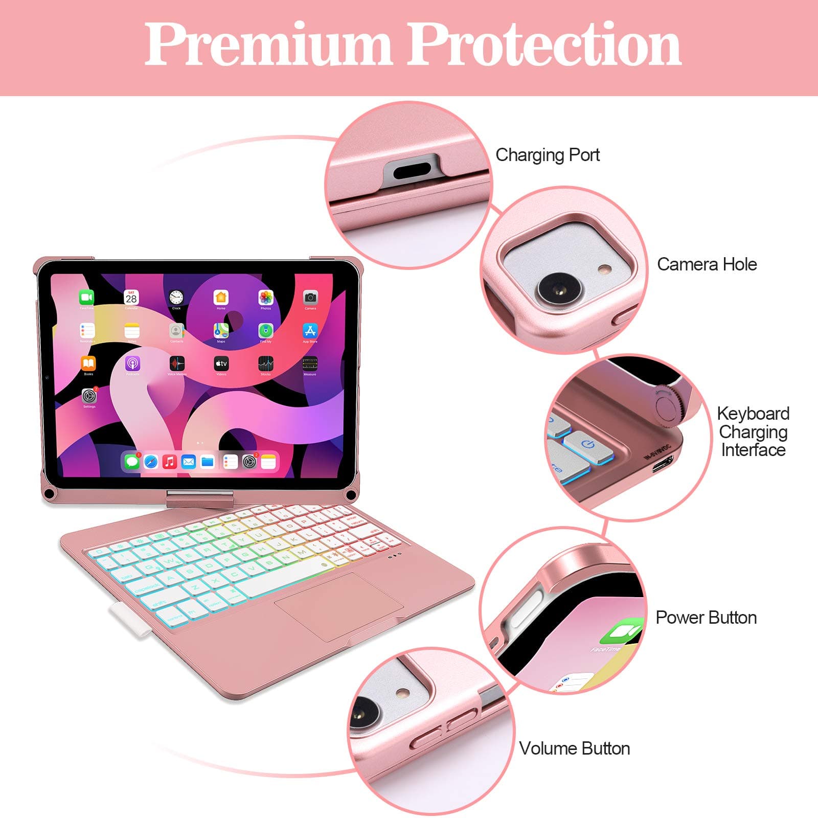 iPad Air 4 Keyboard Case, D DINGRICH Smart Keyboard Folio Case, Built-in Touchpad, Pencil Holder, 7 Color Backlit, 360 Rotating, for iPad Air (4th Generation) and iPad Pro 11-inch 2020/2018, Ros