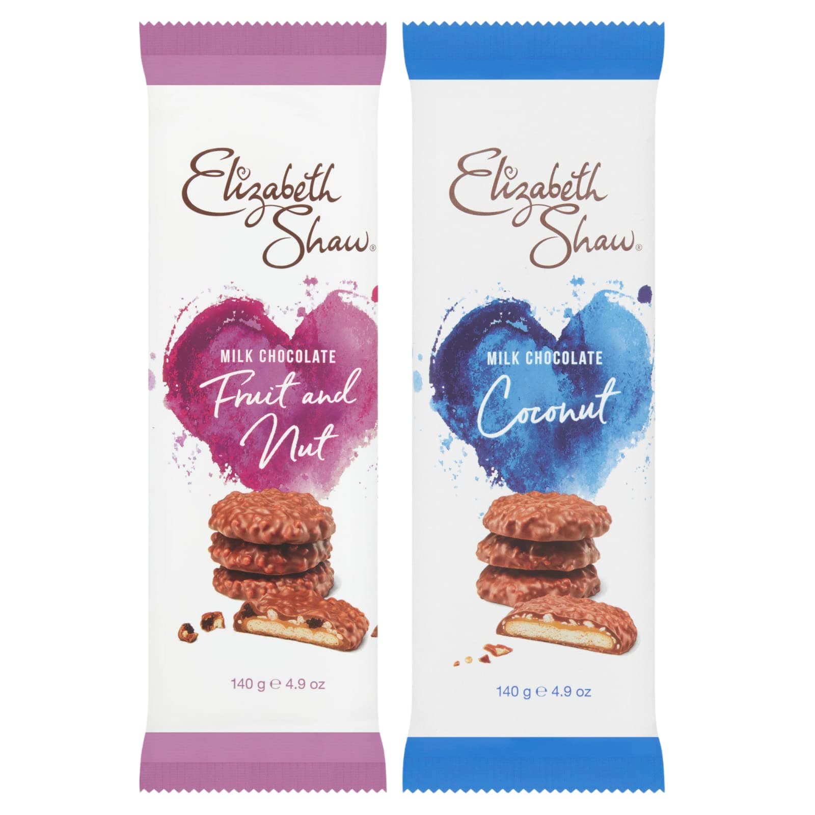 Elizabeth Shaw 2 Flavour Bundle, Milk Chocolate, Coconut & Hazelnut Biscuits and Milk Chocolate, Raisin & Hazelnut Biscuits, (2 x 140g)