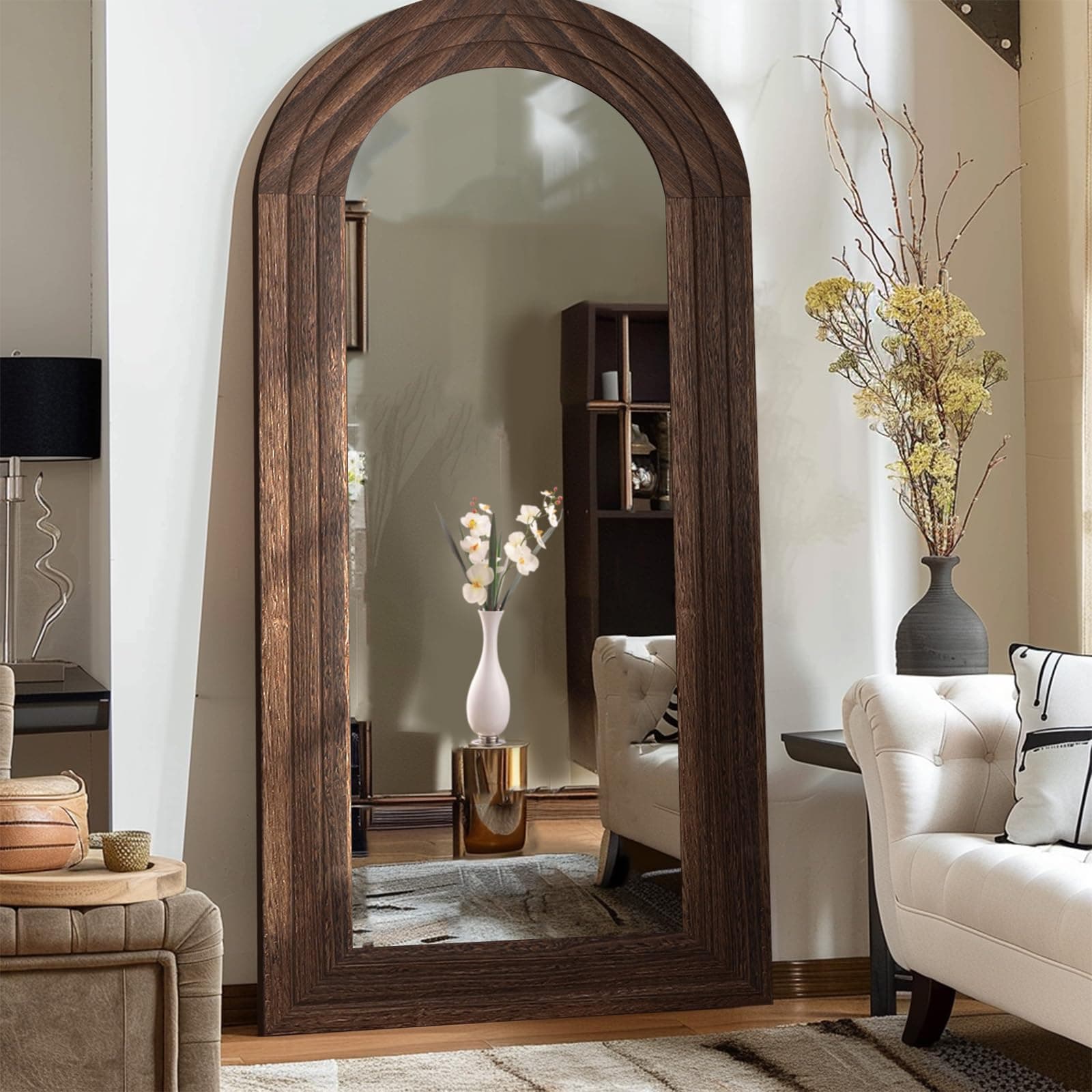 ZHUNFA Arched Full Length Mirror with Solid Wood Frame, 71x32 Farmhouse Wall Mounted Floor Mirror with Stand, Vertical Hanging, Leaning Standing for Bedroom, Living Room, Brown