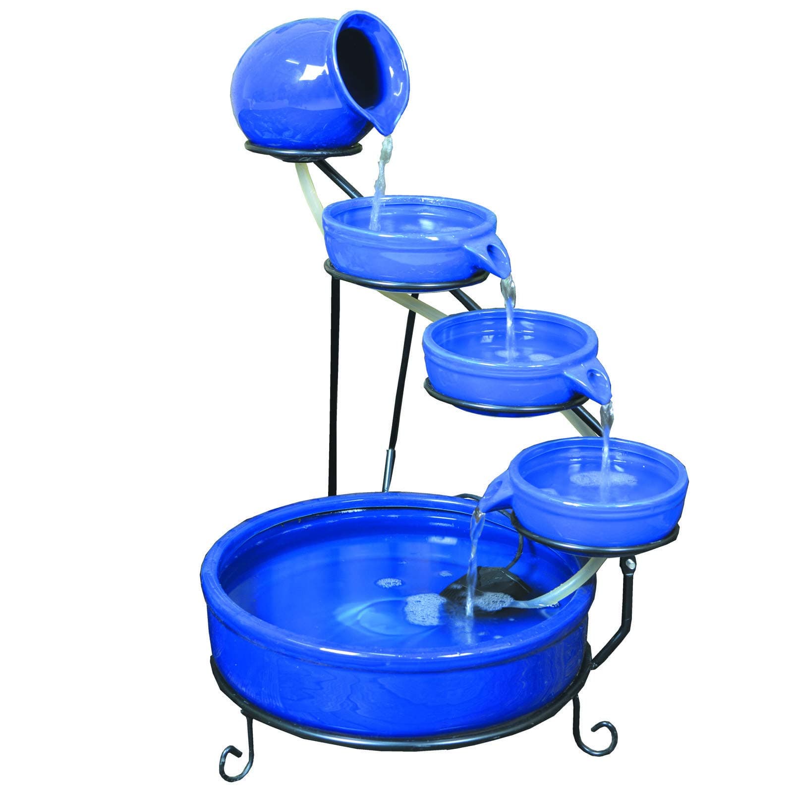 ASCCascade Ceramic Solar Water Fountain Bowls 5 Tierd with Panel Pump Cascading Garden Decoration Bird Iron Frame (Blue with Battery and LED)