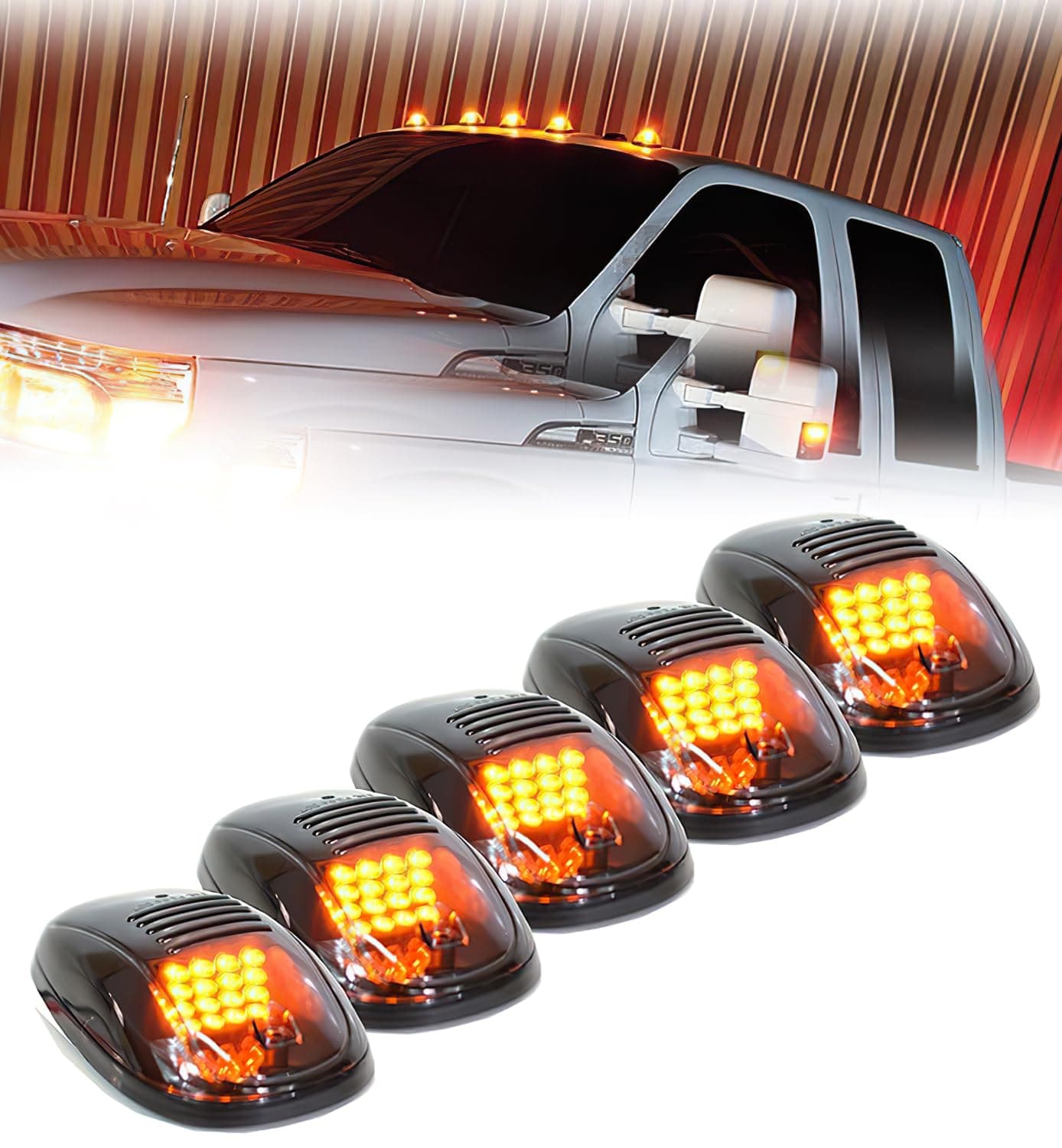 New Version High Intensity 5pcs Amber Yellow LED Cab Roof Top Marker Running Clearance Lights For Ford Truck SUV Pickup 4x4 (Black Smoked Lens Lamps)