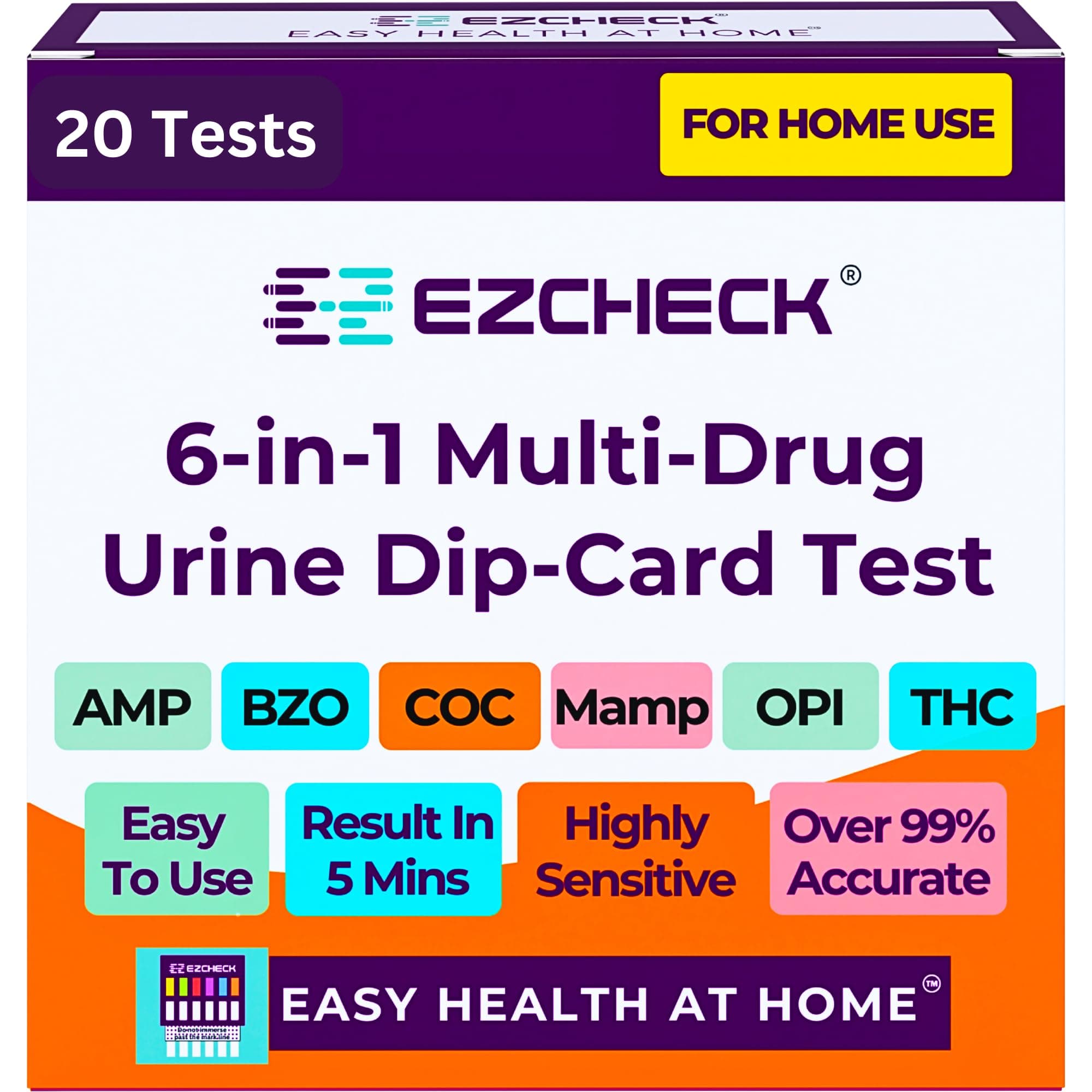 [20 Pack] EZCHECK® 6-Panel Drug Test - at-Home Rapid Urine Screening Kit for 6 Most Used Drugs: (THC-Marijuana, BZO-Benzos, MET-Meth, OPI/MOP-Opiates, AMP-Amphetamine, COC)