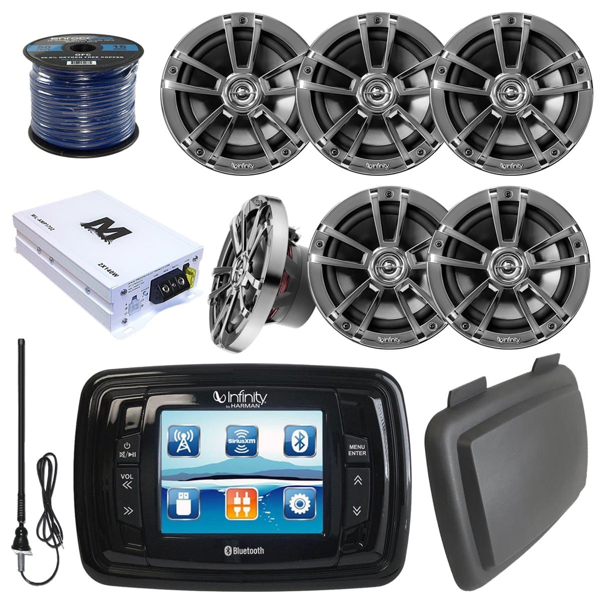 Infinity PRV350 Marine 3.5" Display Bluetooth Stereo Receiver W/Cover, Bundle Combo with 6X 6.5 225W 2-Way Boat Speakers + Millenia 140-Watt Amplifier + Enrock Radio Antenna + 50Ft 16G Speaker Wire