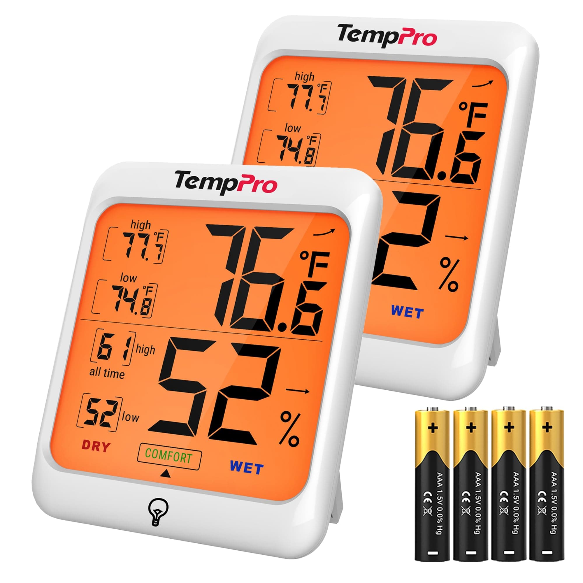 TP53 2 Pack Digital Hygrometer Indoor Thermometer for Home, Temperature Humidity Meter with Comfort Indicator & Max Min Records, Backlit Display Room Thermometer (Previously ThermoPro)