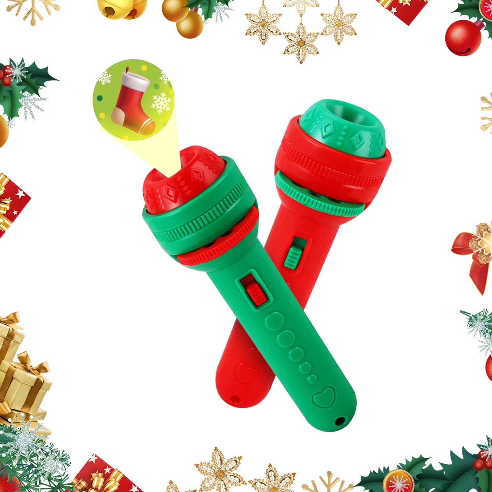 RevpoltIQ 2 Pcs Christmas Flashlight Projector, Torch and Projector with 10 Discs 80 Images, Christmas Torch Projector for Kids, Slide Projector Torch, Xmas Educational Flashlight Projector