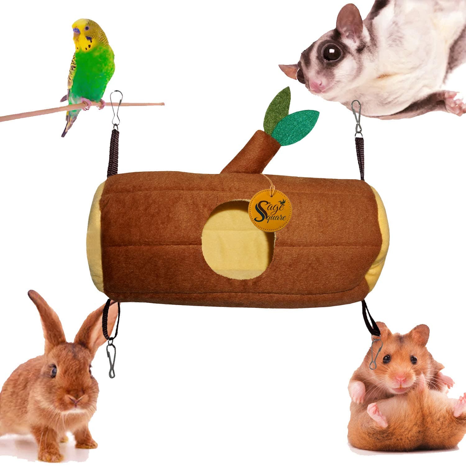 Sage Square Hammock Warm Bed Hanging Cusion Fleece Cute Tree Trunk Dual Hanging for Hamster, Sugar Glider, Bird, Hedgehog, Gerbill, Squirrel, Mice, Rat, Young Guinea Pig, Young Rabbit (Light Brown)