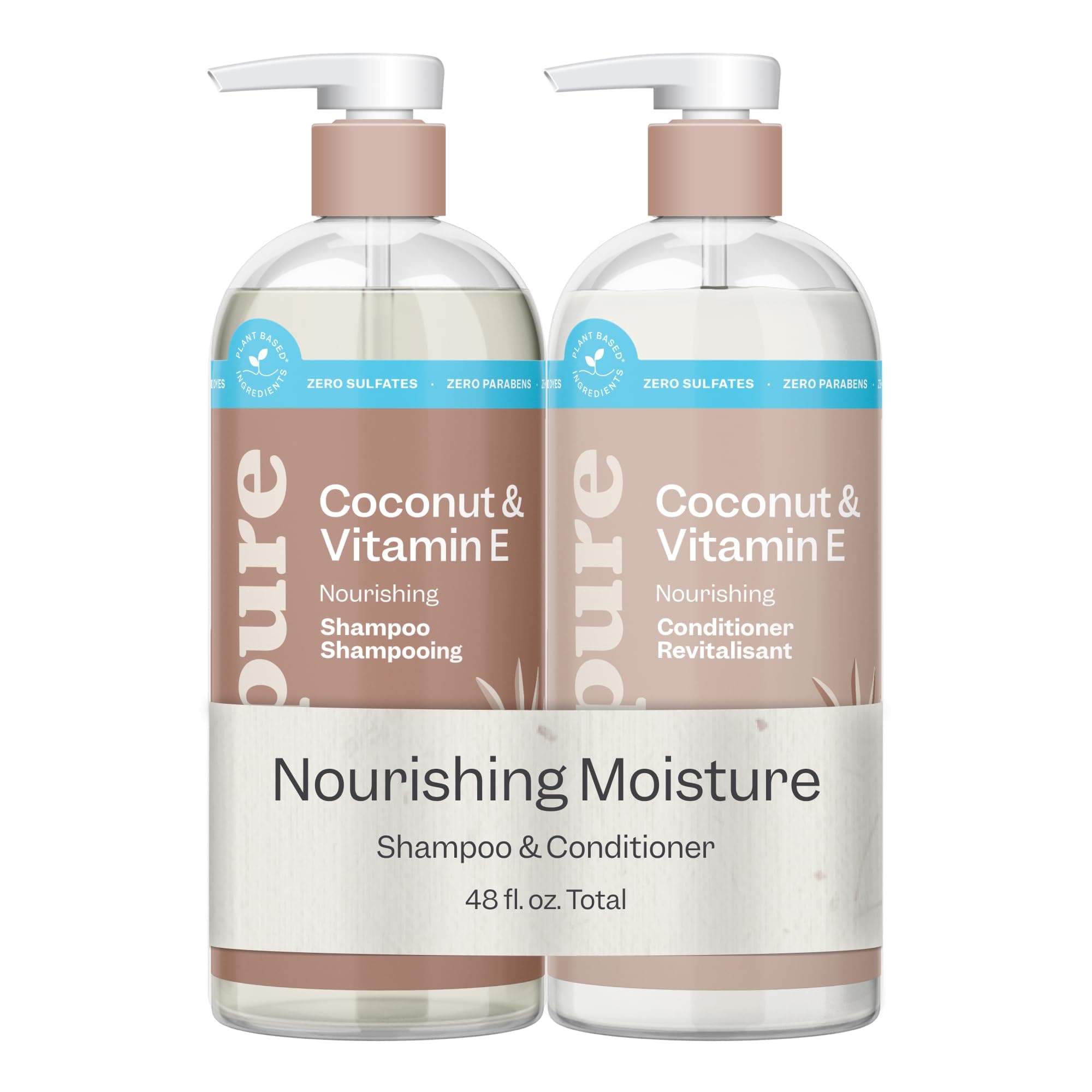 Renpure Coconut & Vitamin E Shampoo & Conditioner Set, Plant-Based – Nourishes & Seals In Moisture For Soft, Healthy Hair – For Dry, Lifeless Hair – Coconut Oil & Vitamin E - 24 Fl Oz each, 2 Pack