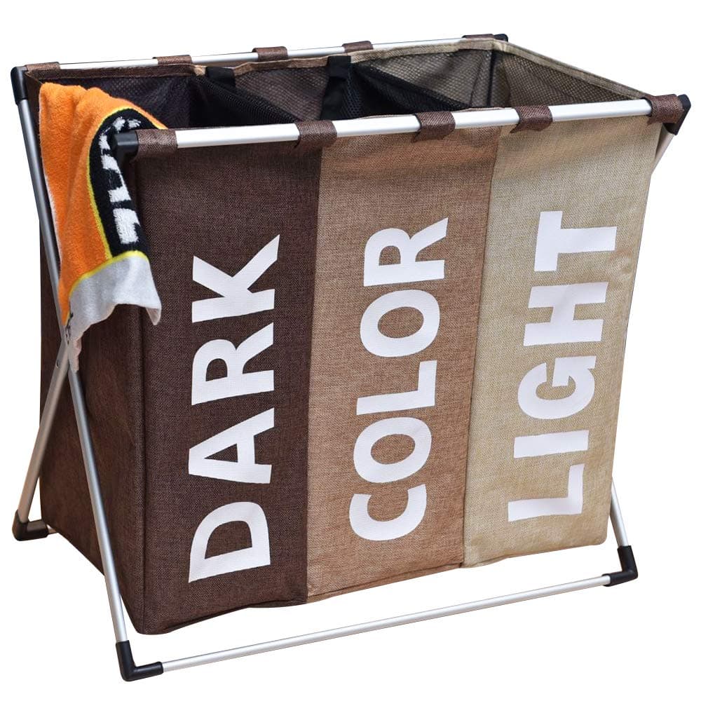 HOMINKER Laundry Hamper Sorter Basket 3 Section Foldable with Aluminum Frame 25"x 15"x 23" Washing Storage Dirty Clothes Bag for Bathroom Bedroom Home College Use,Three Color
