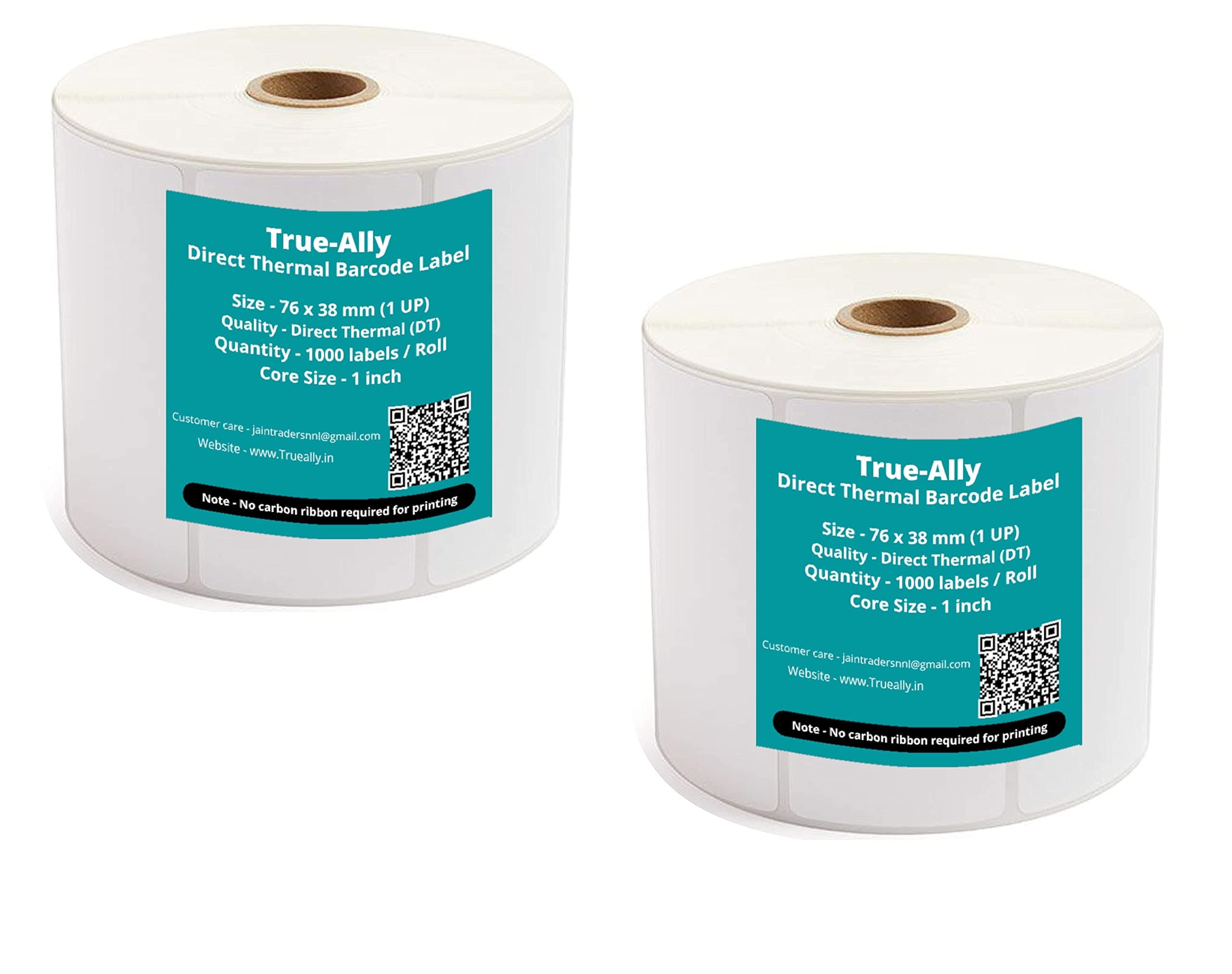 True-Ally 76x38 Direct Thermal Barcode Label Sticker - 3 x 1.5 inches - 76mm x 38mm - 1000 Labels Per Roll - White Self Adhesive Sticker for Printing Barcoding (2 Roll Per Pack(2000 Labels))