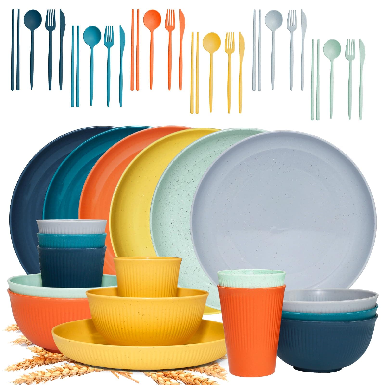42Pcs Wheat Straw Dinnerware Sets, Unbreakable Plates and Bowls Sets, Eco Friendly Non Breakable Dinnerware, Dishwasher Microwave Safe Dinnerware