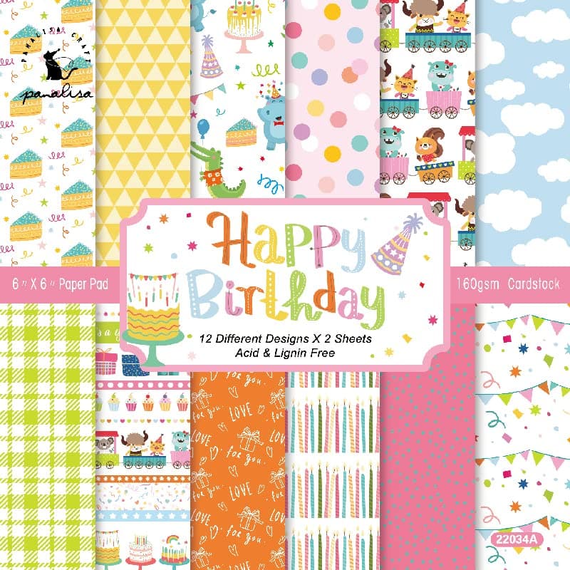 24 Sheets 6'' x 6'' Single-sided Happy Birthday Theme Scrapbook Paper, Cakes Candles Polka Dot Pattern Cardstock Paper, Colorful Decorative Craft Paper for Card Making Photo Album Journal