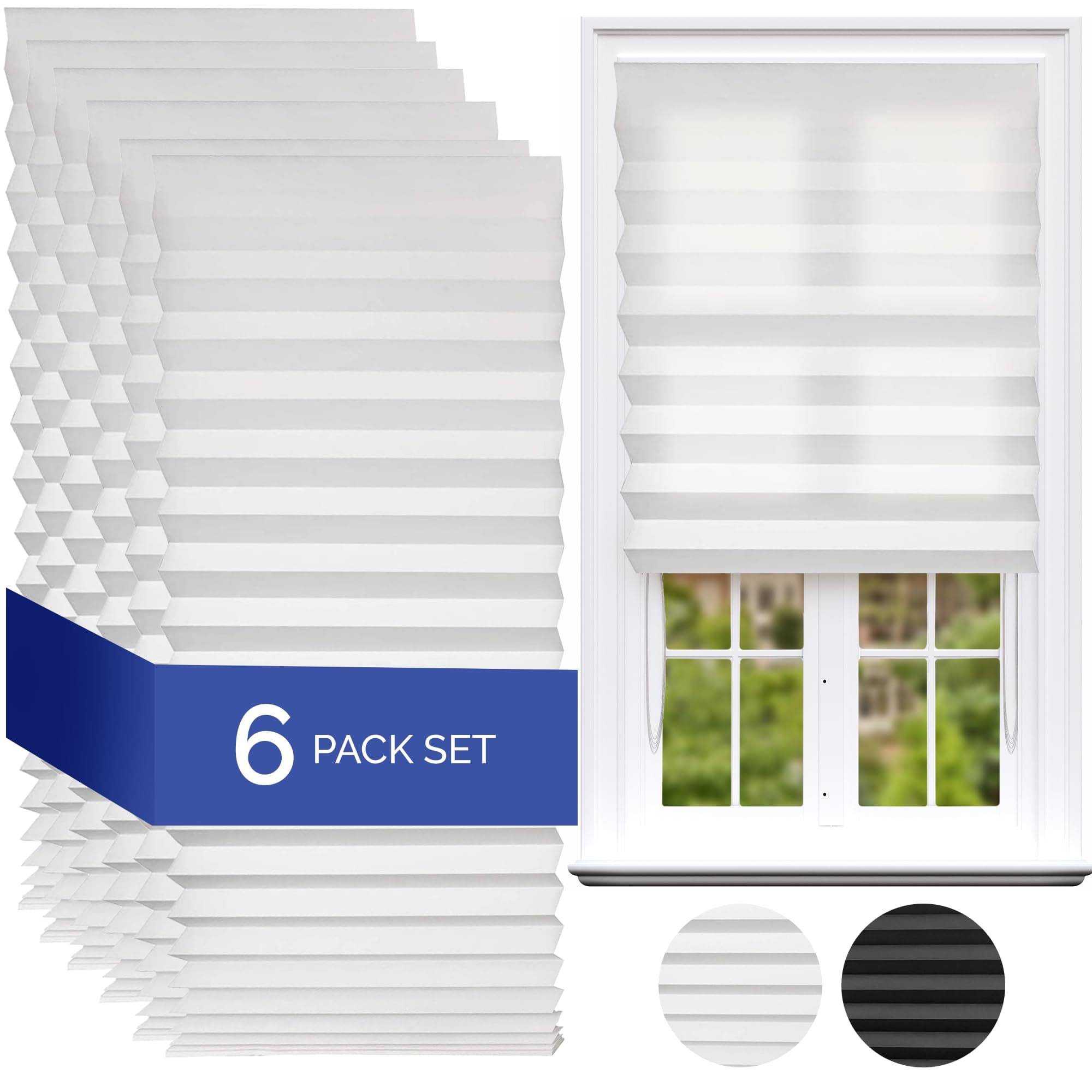 Light Filtering Temporary Blinds - 6 Pack (110g sqm) | 91.4cm Wider Blind, Easy Stick Up & No Screws | Temporary Home Pleated Paper Window Blinds | White