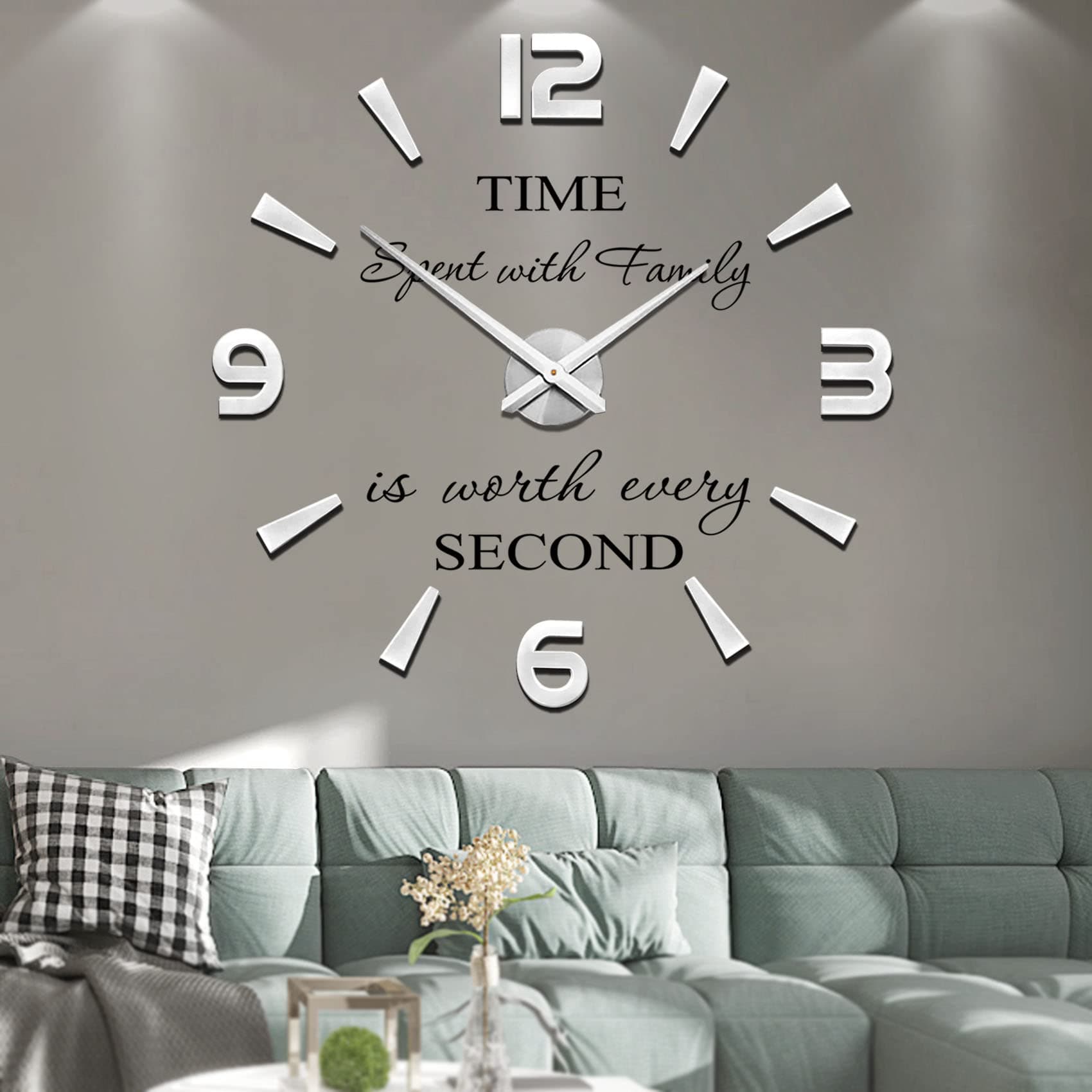Mintime Frameless Large 3D DIY Wall Clock Mute Mirror Stickers Home Office School Decoration (Silver-73)
