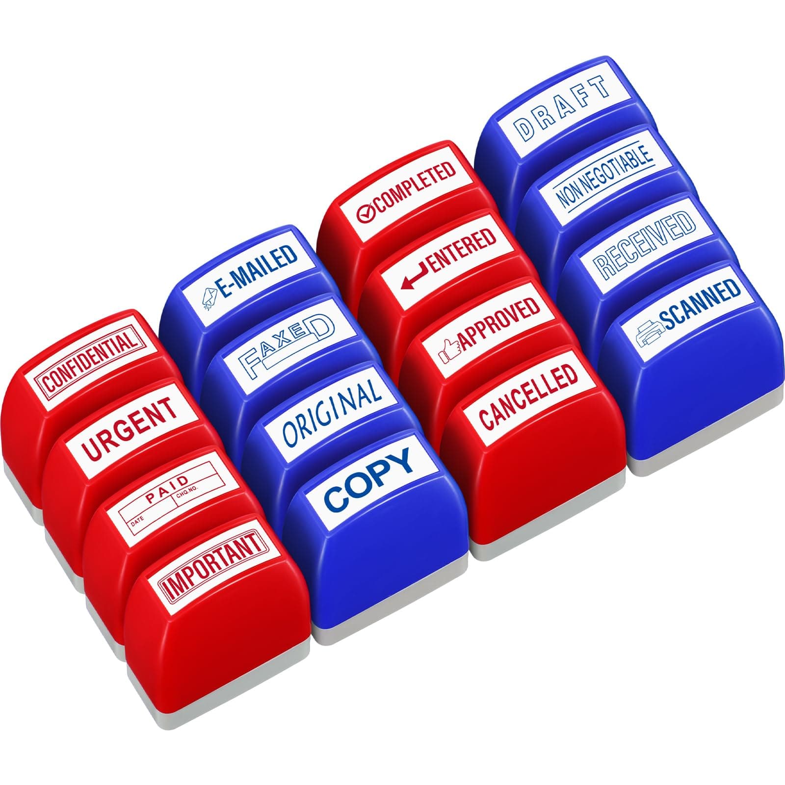 Crtiin 16 Pcs Office Stamp Set Message Self Inking Rubber Stamp Set for Office Stamps Completed Faxed Scanned Stamps for Message Supplies(Red, Blue)