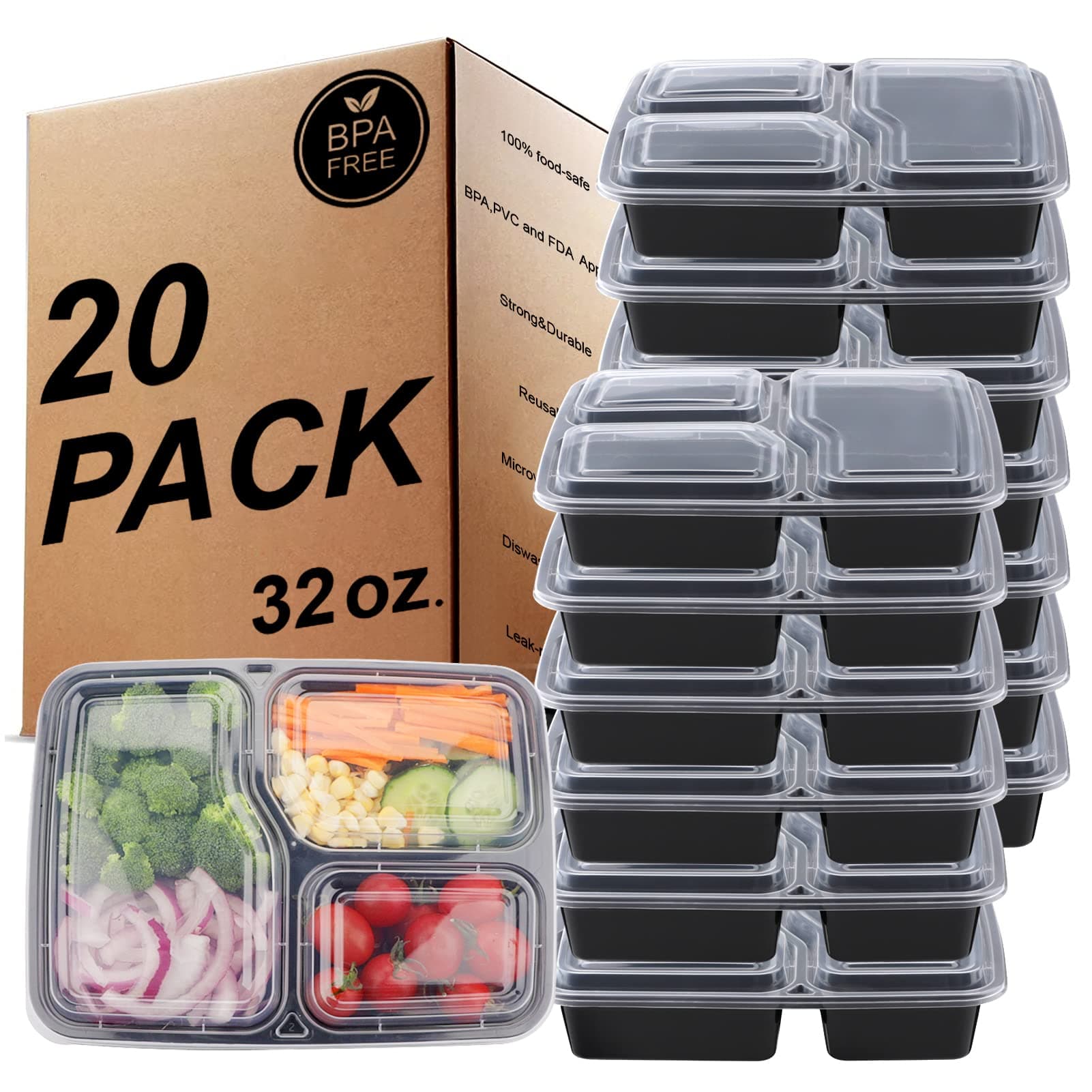 KINGHON Meal Prep Containers - Bento Lunch Boxes 3 Compartment,BPA Free Reusable Plastic Food Storage with Airtight Lids,Freezer, Microwave and Dishwasher Safe [20Pack,32 oz]