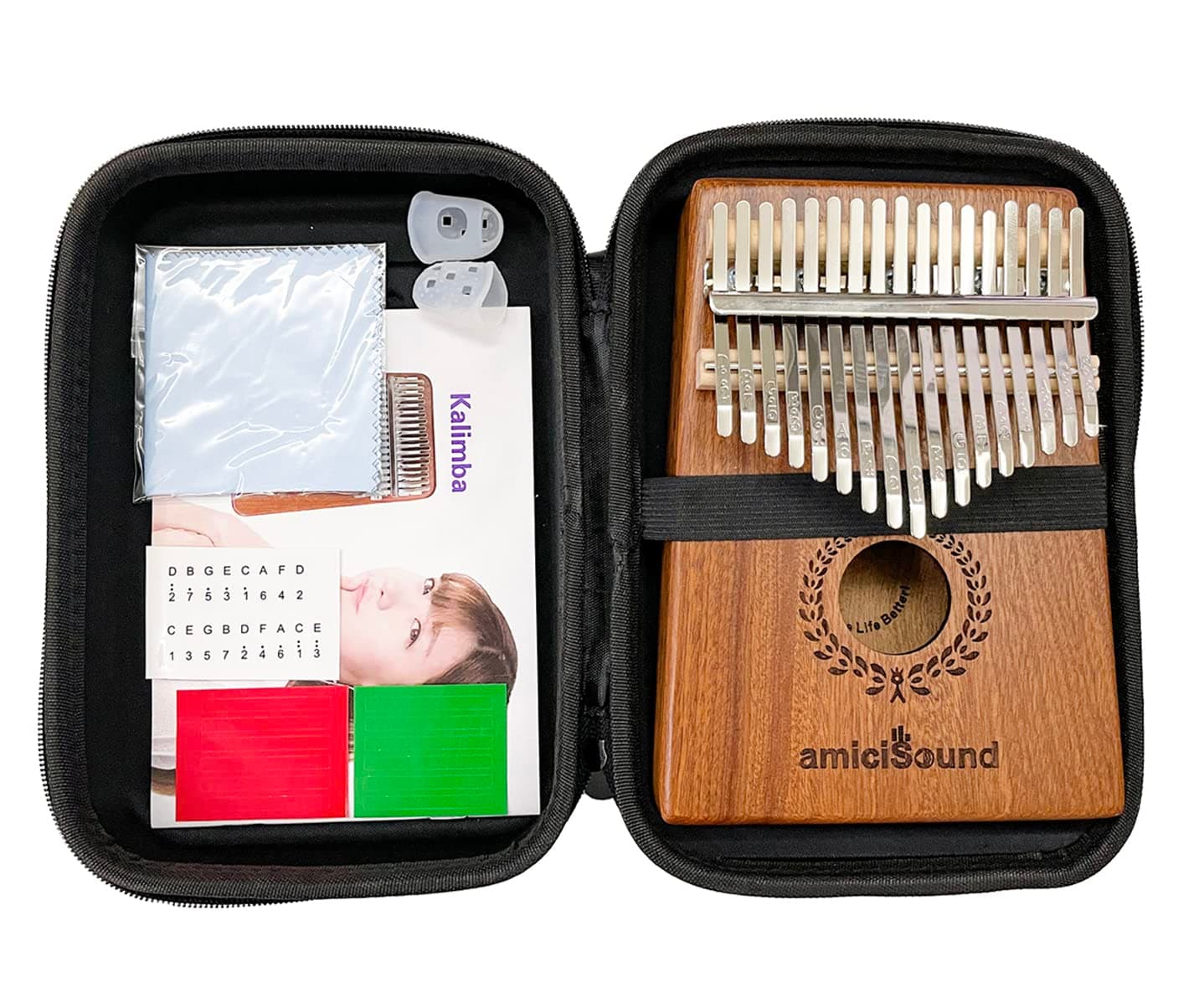 amiciSound 17 Keys Thumb Piano, Kalimba with Engraved Notes, Tuning Hammer and Carry Bag