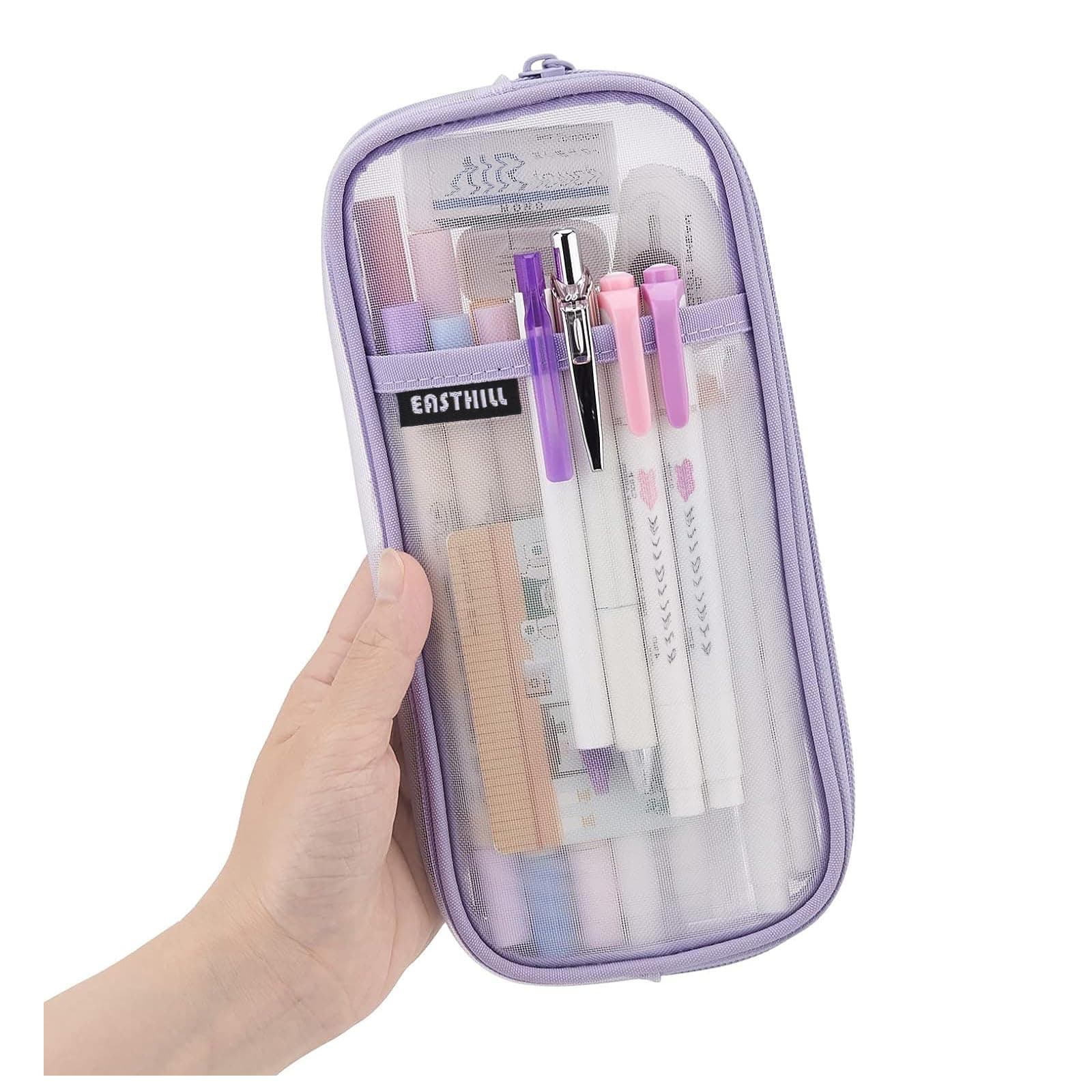 Grid Mesh Pen Pencil Case with Zipper Clear Makeup Color Pouch Cosmetics Bag Multi-Purpose Travel School Teen Girls Transparent Stationary Bag Office Organizer Box for Adluts(Purple)