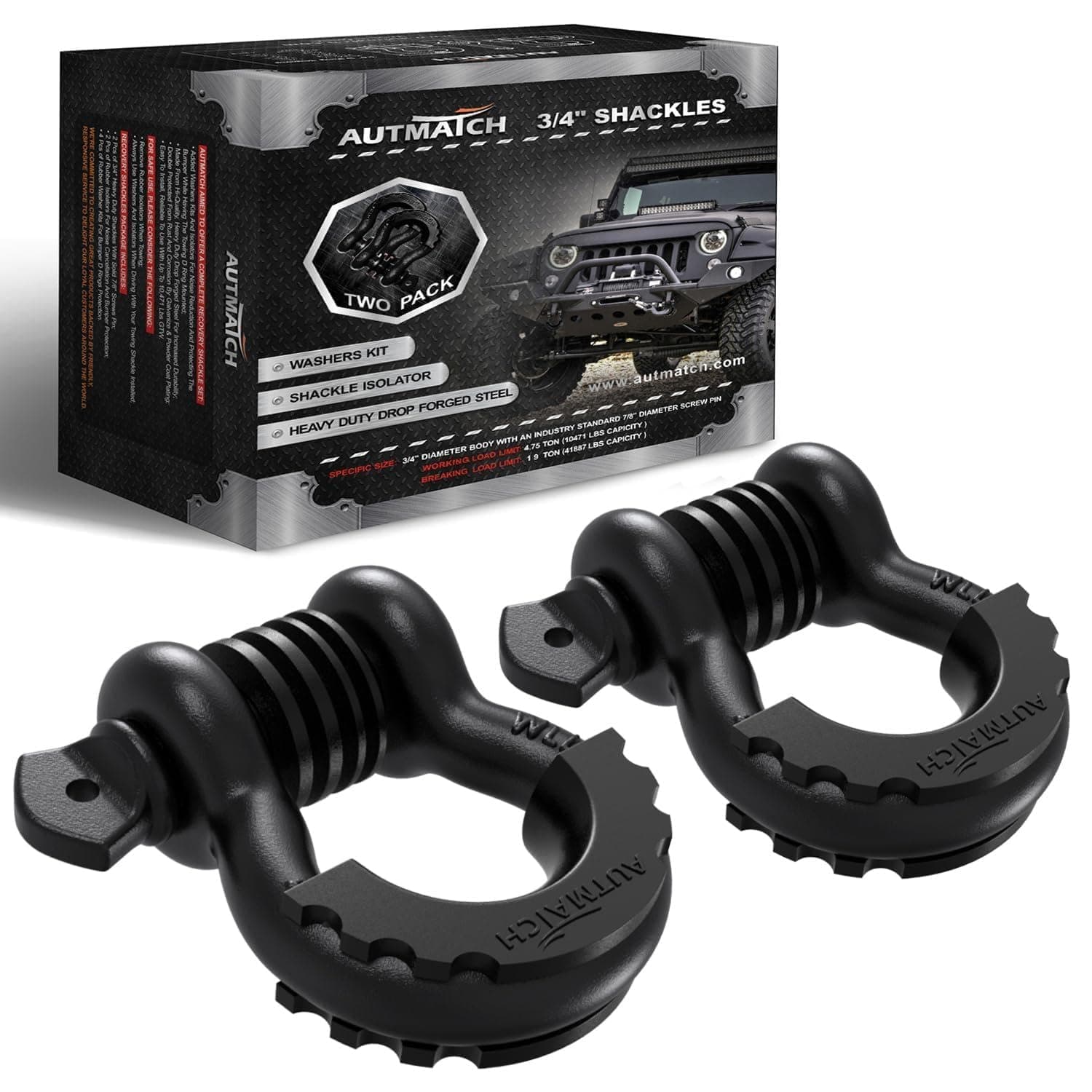 D Ring Shackle 3/4" Shackles (2 Pack) 41,887Ibs Break Strength, Clevis Shackle with 7/8" Screw Pin and Shackle Isolator Washer Kit for Tow Strap Winch Off Road Vehicle Recovery, Frosted Black
