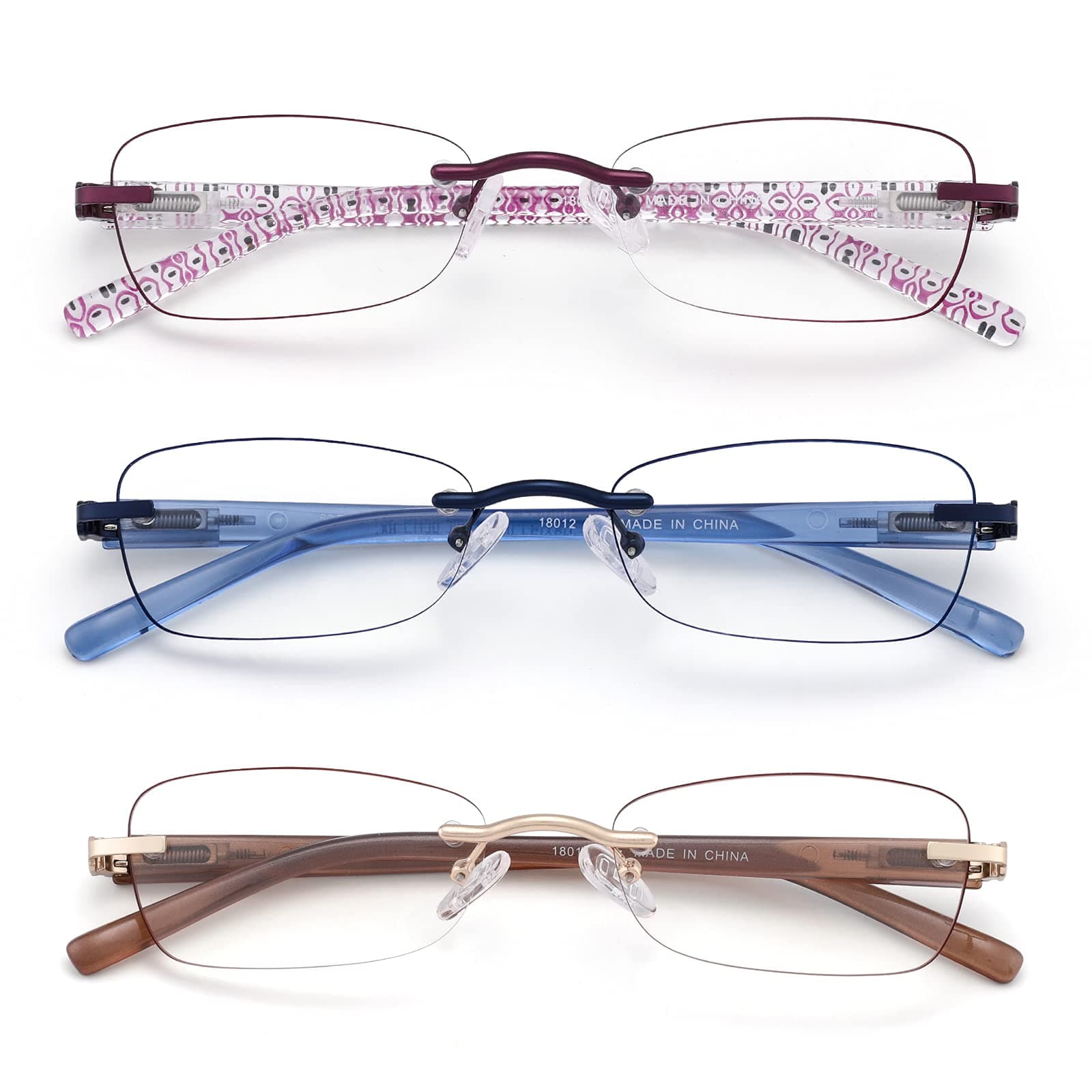 3 Pack Rimless Reading Glasses for Women Blue Light Blocking Readers Tinted Edge Spring Hinge Pattern Print Arm Eyeglasses Mix 3.50