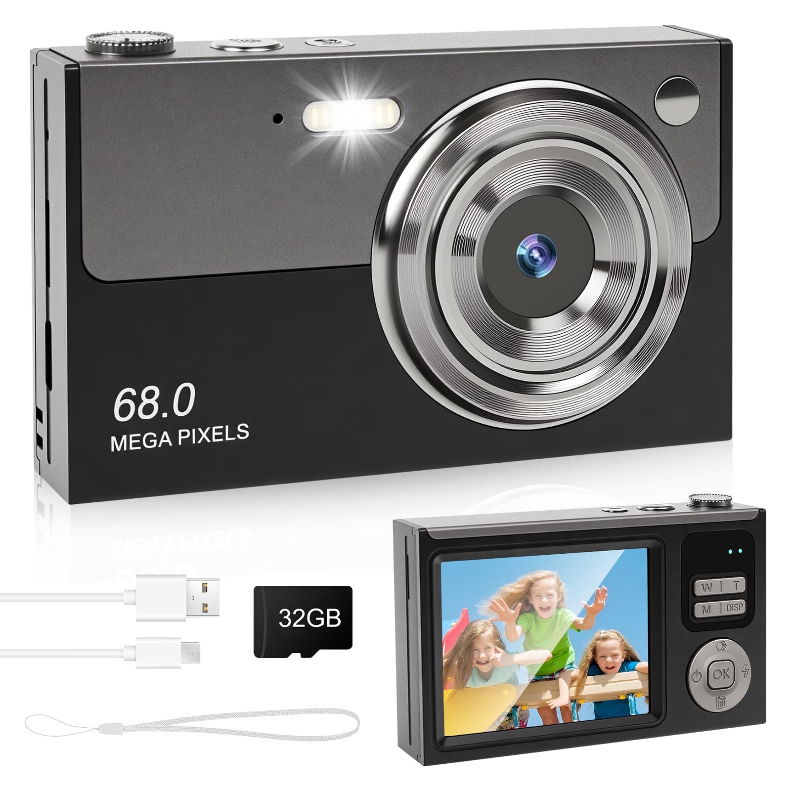 Digital Camera 4K - 48MP UHD Autofocus with 2.83" LCD Screen, 18X Digital Zoom Anti-Shake Photography Vlogging Compact Camera with 32gb SD Card for Kids Students Beginners Teens (Black+Grey)