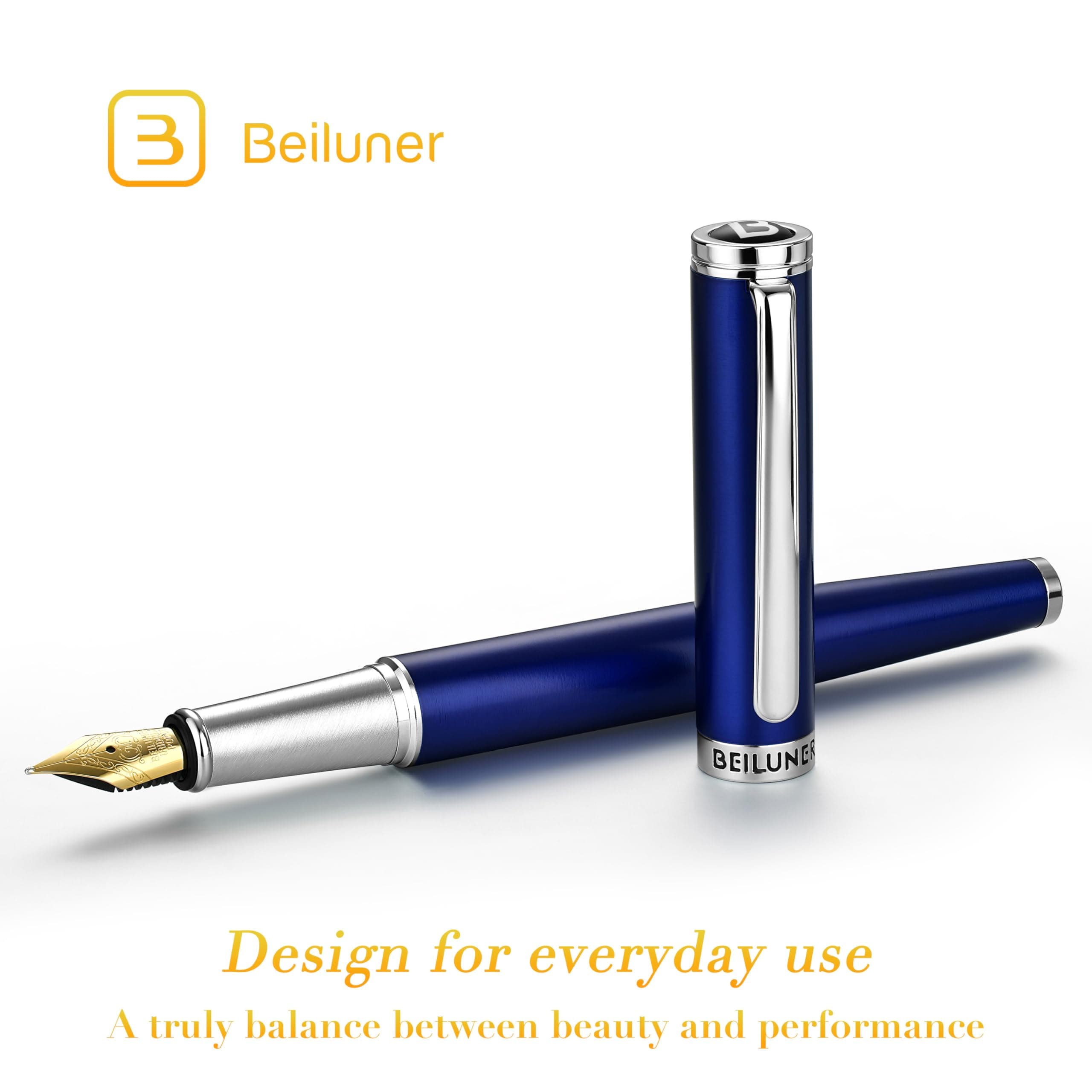 BEILUNER Luxury Fountain Pen Set,Solid 24K Gilded Medium Nib, Modern Classic Limited Edition -Includes 6 Ink Cartridges&Ink Refill Converter with Gift Case-Perfect for Men and Women(Charming blue)