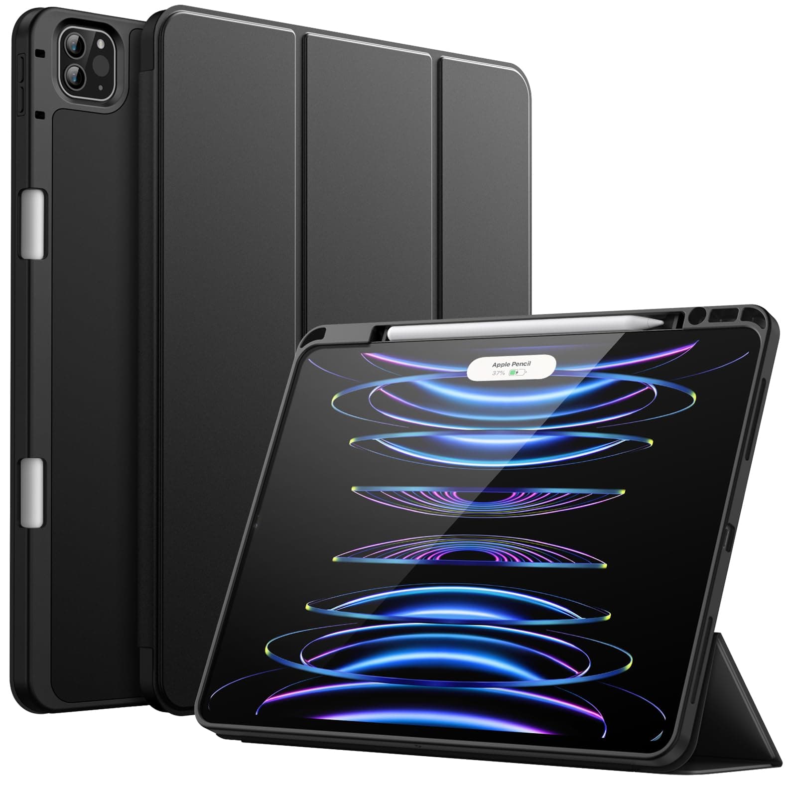 JETech Case for iPad Pro 12.9-Inch (6th/5th Generation, 2022/2021 Model) with Pencil Holder, Support 2nd Pencil Charging, Slim Tablet Cover with Soft TPU Back, Auto Wake/Sleep (Black)