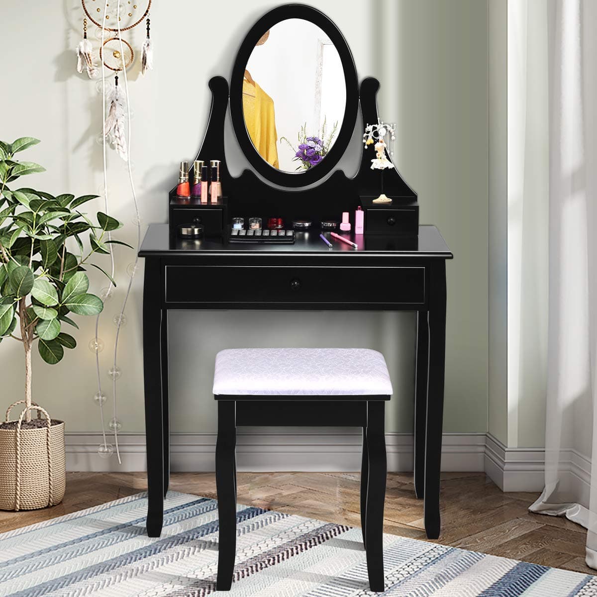 Giantex Vanity Set with Oval Mirror and Cushioned Stool, Makeup Dressing Table with 3 Drawers, Modern Bathroom Bedroom Makeup Organizer Vanity Table for Women Girls Gifts (Black)