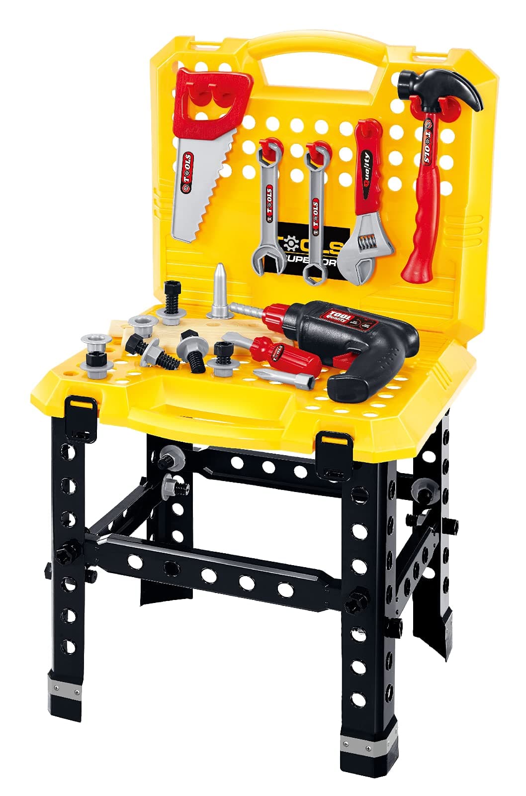 Quickdraw 57 Piece Work Tool Bench DIY Role Play Kids Toy Set - Realistic Tools, Rotating Drill, Portable Workbench - Pretend Playset for Children Ages 3+