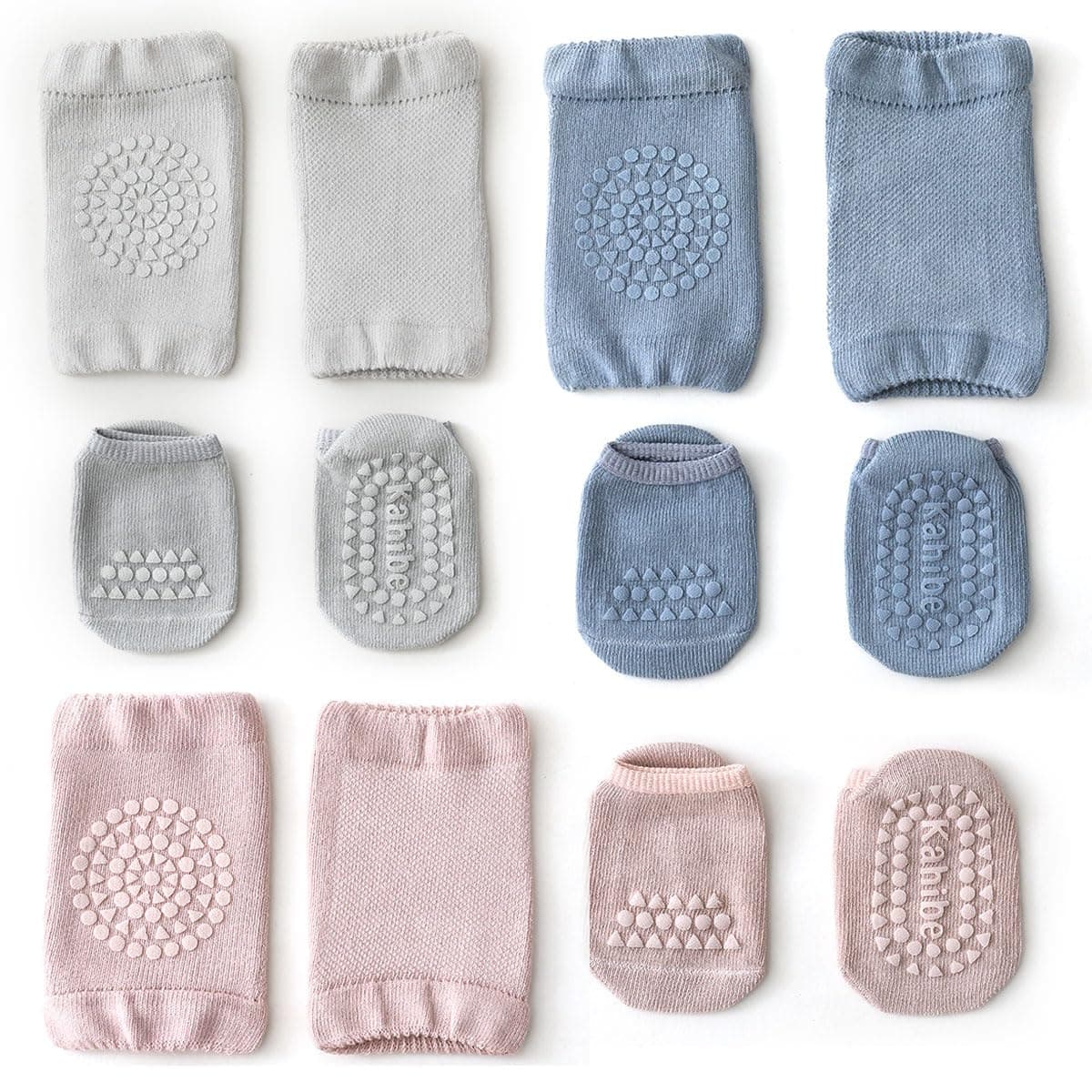 3-Pair Knee Pad & Crawling Sock Set – Comprising 3 Non-Slip Baby Crawling Socks & 3 Secure Knee Protectors – Essential Safety Gear for Kids Aged 1-3(Grey/Blue/Pink)