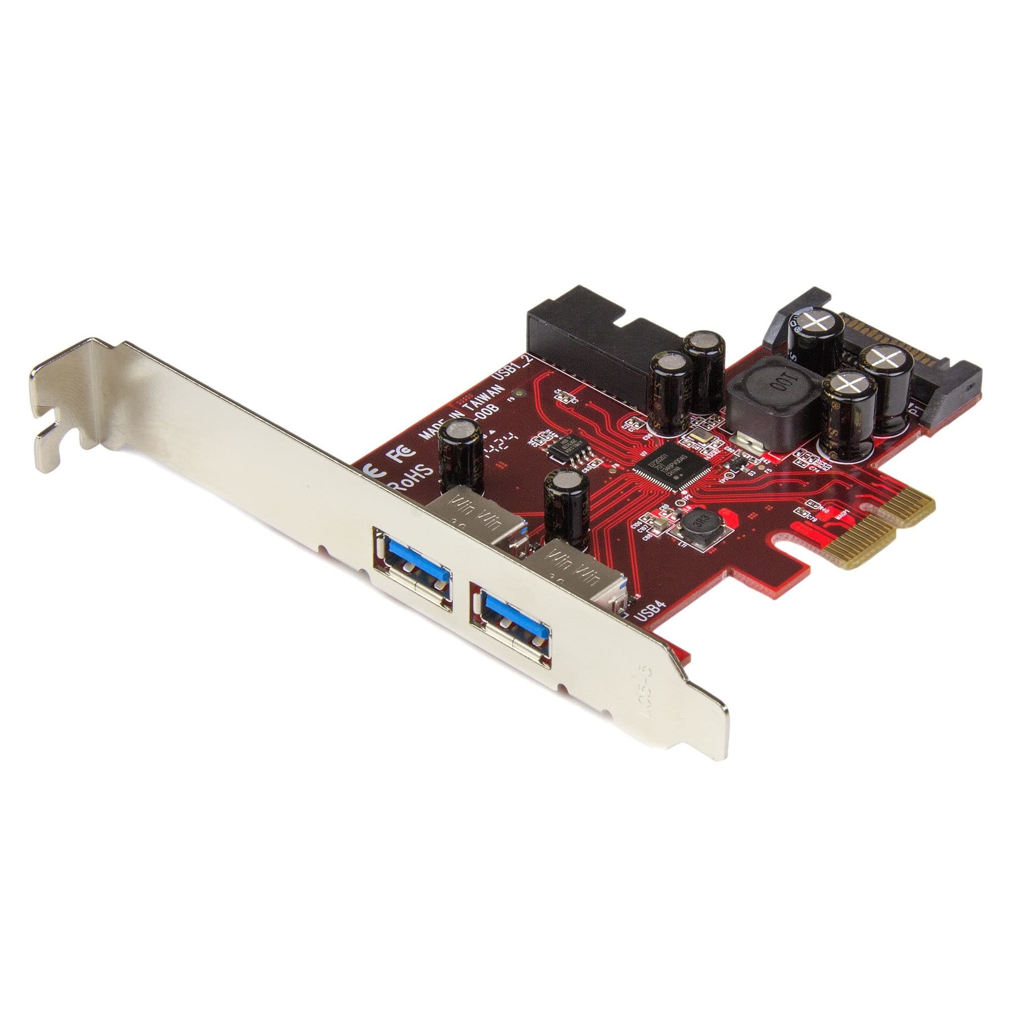 – StarTech.com 4 Port PCI Express USB 3.0 Card - 2 External & 2 Internal - SATA Power - UASP Support - 2x Int Motherboard-Style Headers (PEXUSB3S2EI) , Metallic/Red