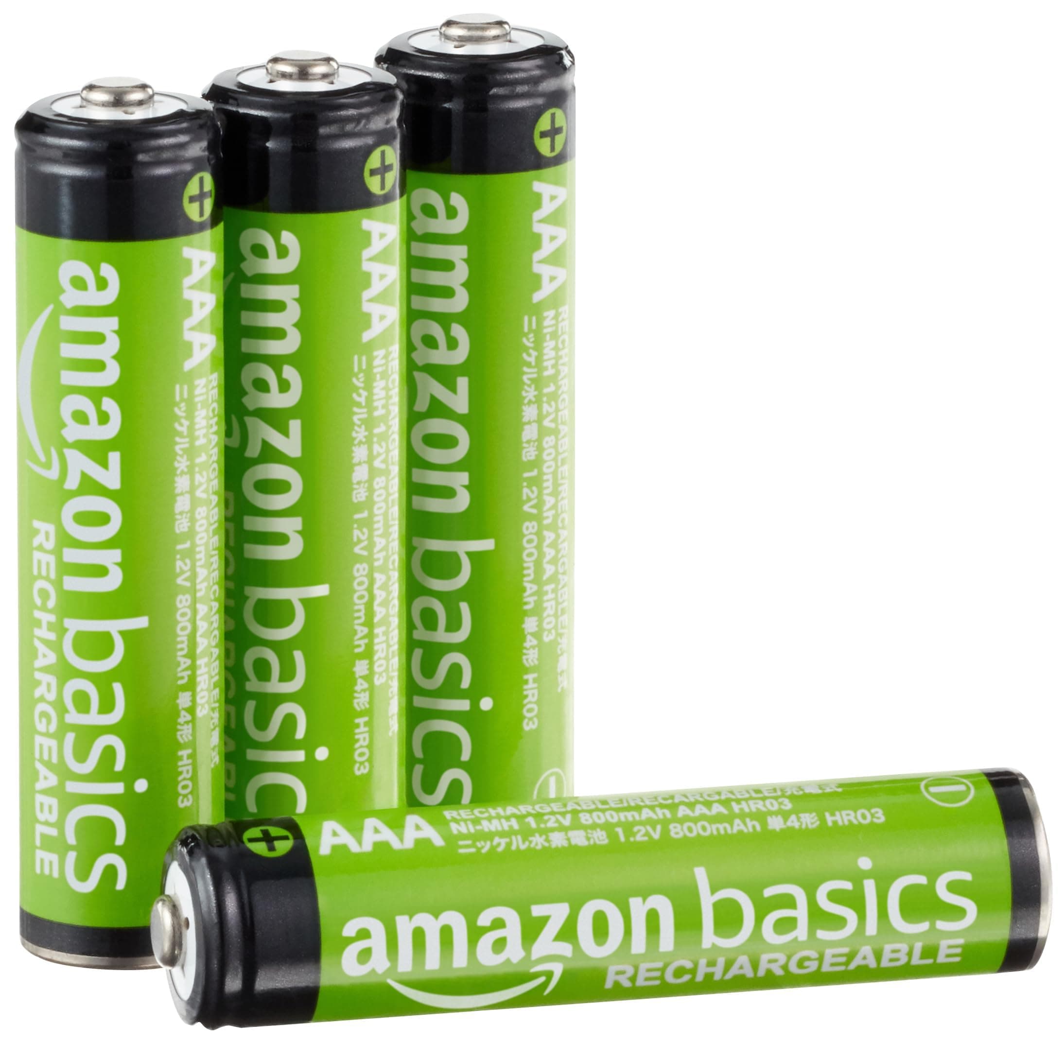Amazon Basics 4-Pack Rechargeable AAA NiMH Performance Batteries, 800 mAh, 1.2V, Recharge up to 1000x Times, Pre-Charged