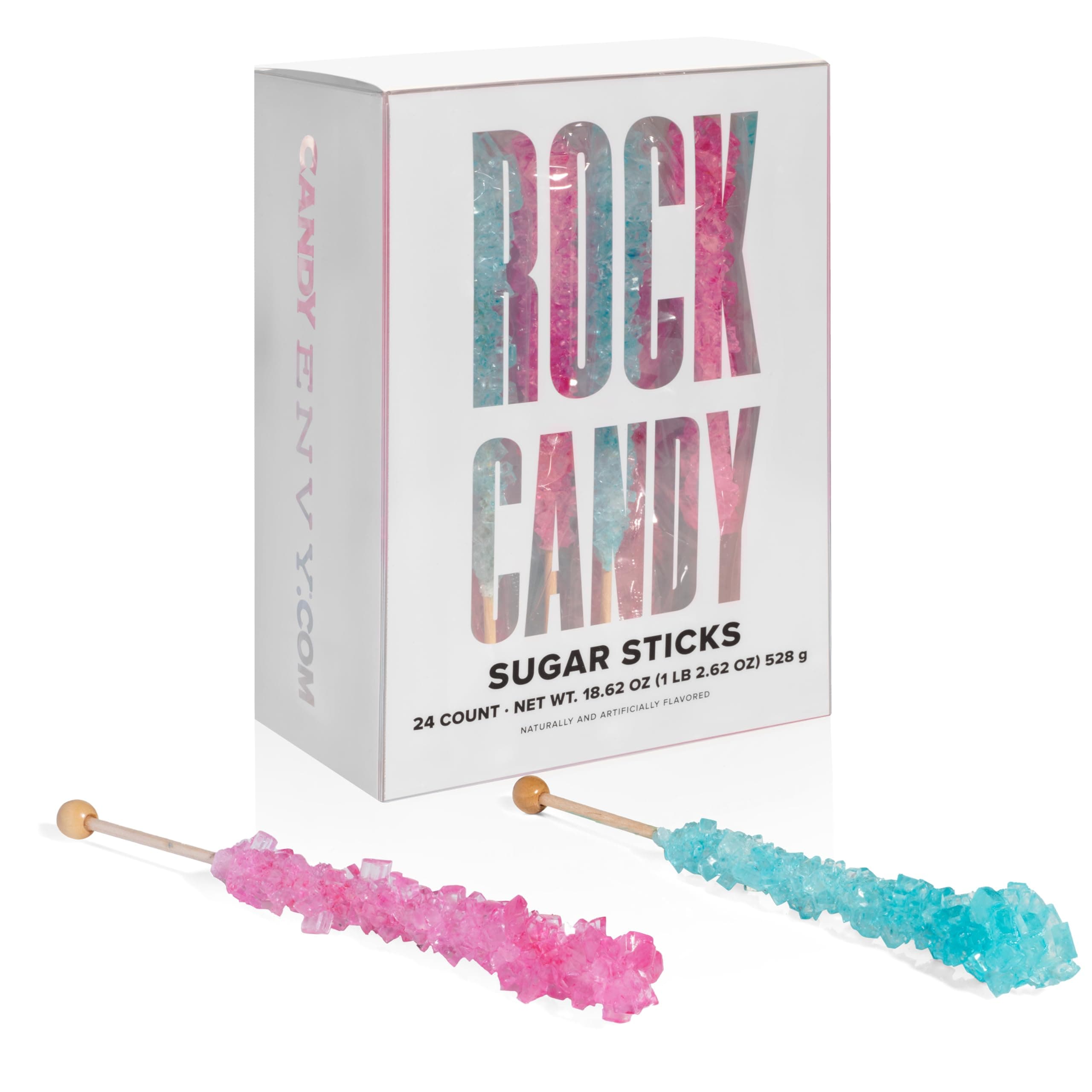 Light Blue and Light Pink Rock Candy Sugar Sticks - 24 Individually Wrapped Treats - Cotton Candy & Cherry Flavored