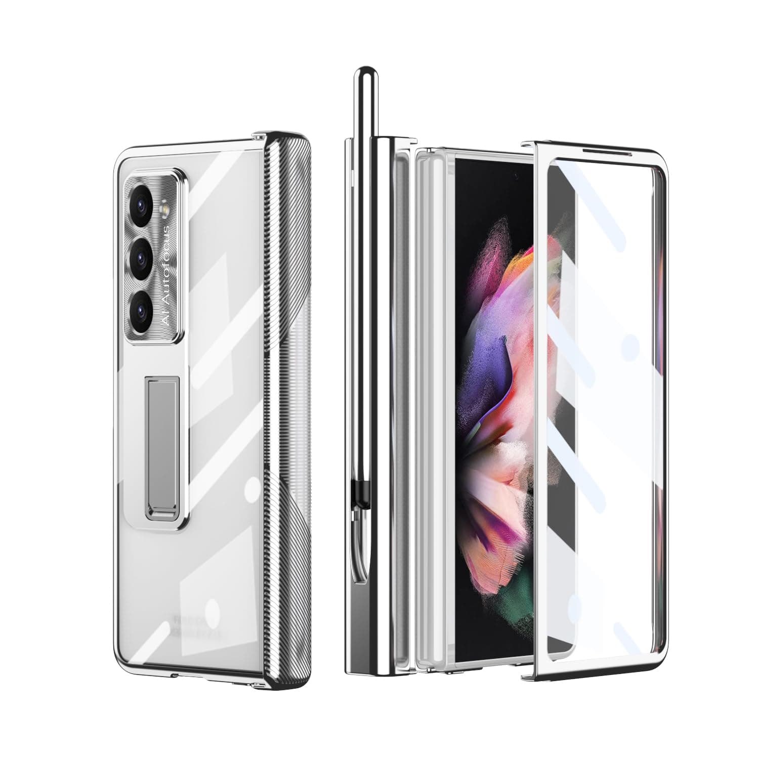 PUROOM for Samsung Galaxy Z Fold 5 Hinge Coverage Protective Case Transparent Plating PC with Pen Holder Kickstand Screen Protector All-Inclusive Case (Silver)
