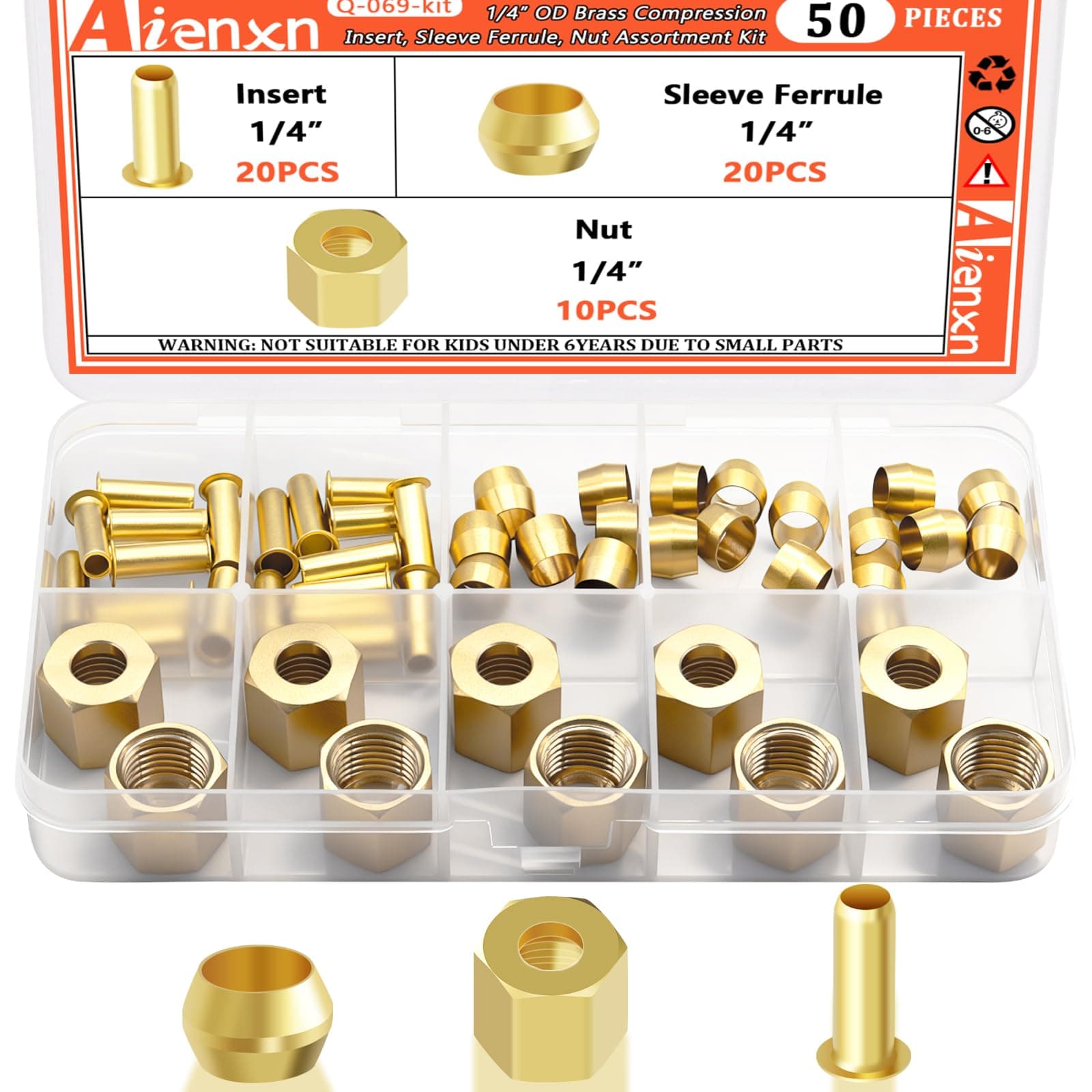 50PCS 1/4" Brass Compression Fittings Assortment kit, Insert, Sleeve Ferrule, Nut for Connecting air, Fuel, Water, Oil and inert Gases Lines