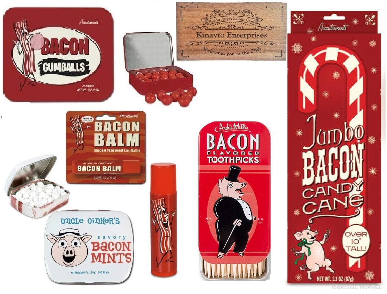 Bacon Candy Gift Set Gag Bag- 5 piece set, Bacon sizzling bandages, bacon lip balm, bacon gumballs, bacon mints & bacon toothpicks. By Kinayto Enterprises