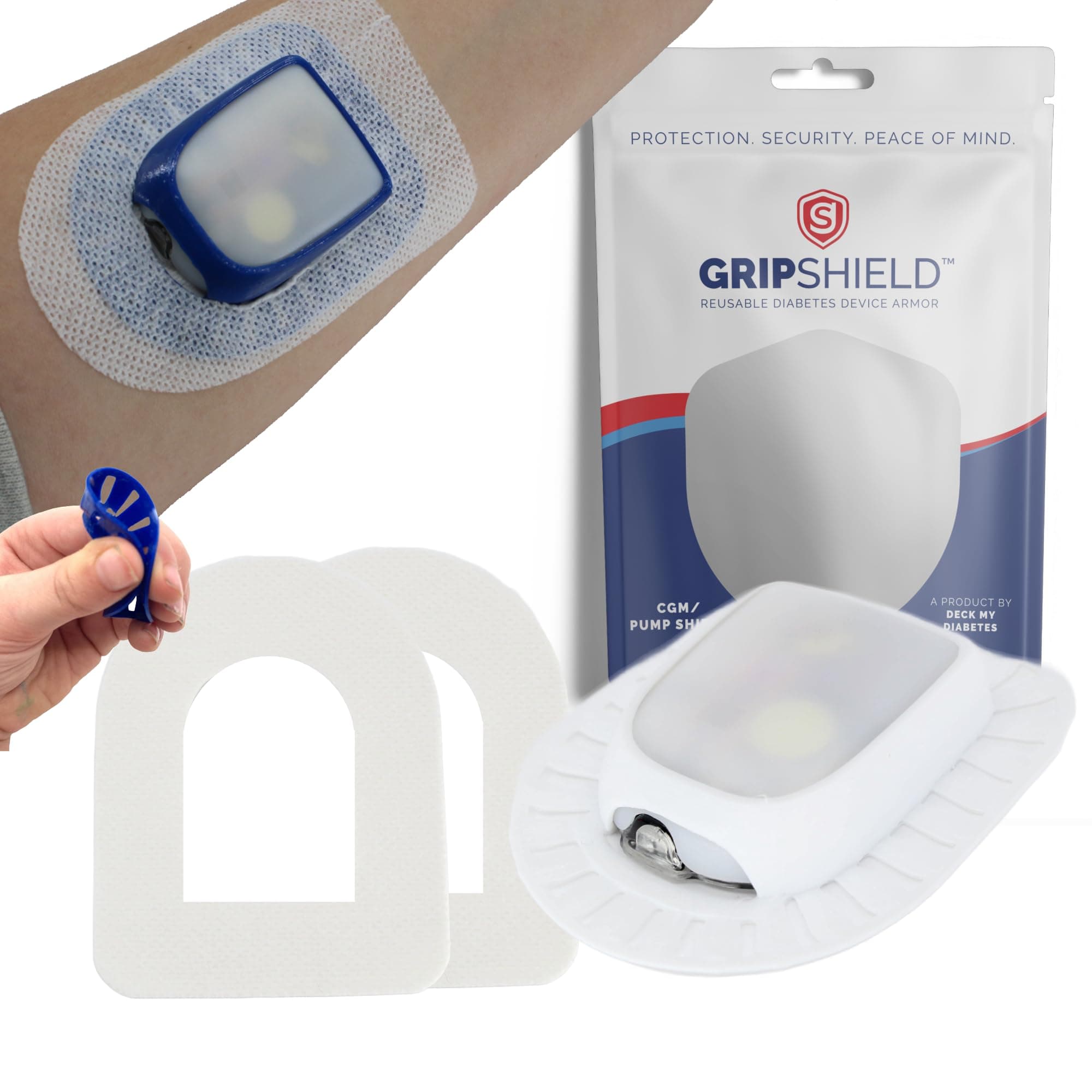 Omnipod Grip Shield with Comfort Ring. Designed by Deck My Diabetes. Reusable, Flexible One-Handed Application(2 Overlay Patches Included!) (Bright White)