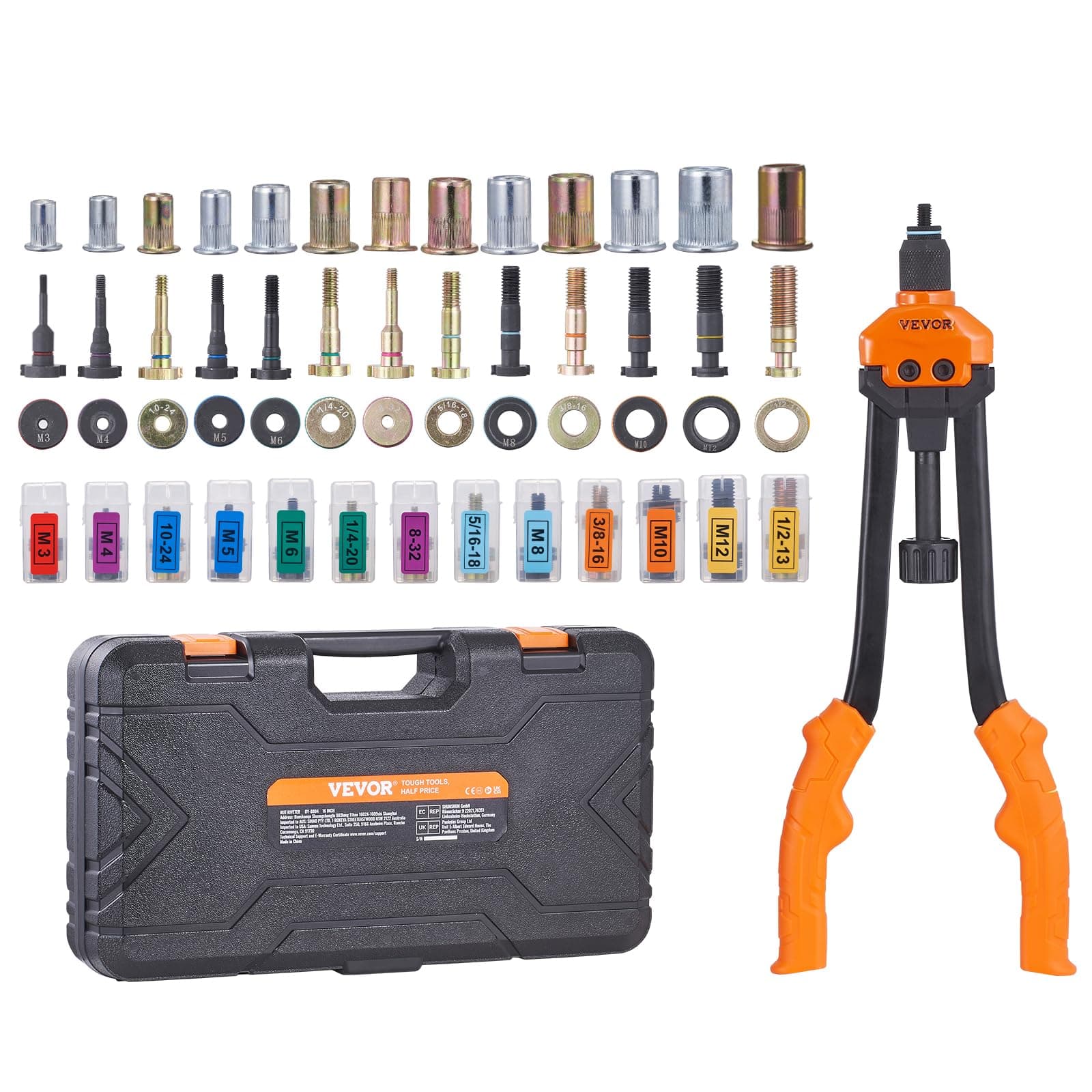 VEVOR 16" Rivet Nut Tool, Labor-Saving Rivnut Tool Kit with 13PCS Metric & SAE Mandrels, 186PCS Rivet Nuts,M3, M4, M5, M6, M8, M10, M12, 1/4-20, 5/16-18, 3/8-16,1/2-13, 8-32, 10-24 with Carrying Case