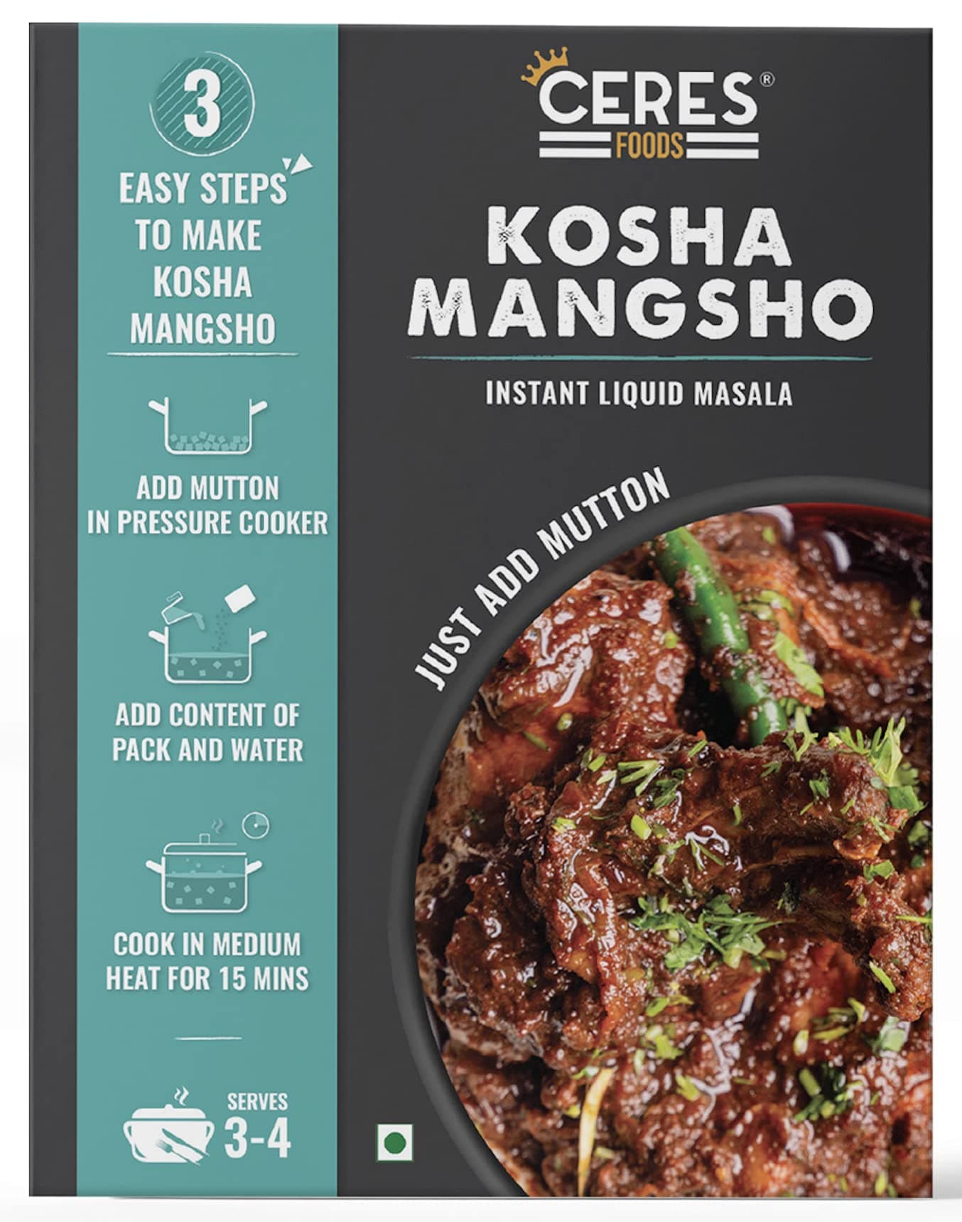 Ceres Foods kolkata Kosha Mutton Instant Liquid Masala | Mutton cooking paste | Curry Paste | Curry Mix | Shipped Fresh | Ceres Foods Kosha Mangsho Ready to Cook Gravy |Kosha Mangsho Paste | Masala| Bengali Recipe | Bengali Masala | Kosha Masala | Mutton Masala | Meat Masala | Chicken Masala | Easy to cook | 3 steps Recipe | Mutton Kosha Gravy | Authentic spices| Ready in 15 Mins | Serves 4 | No Preservatives, Colours or Artificial Flavours​ | 200g | Just add Mutton