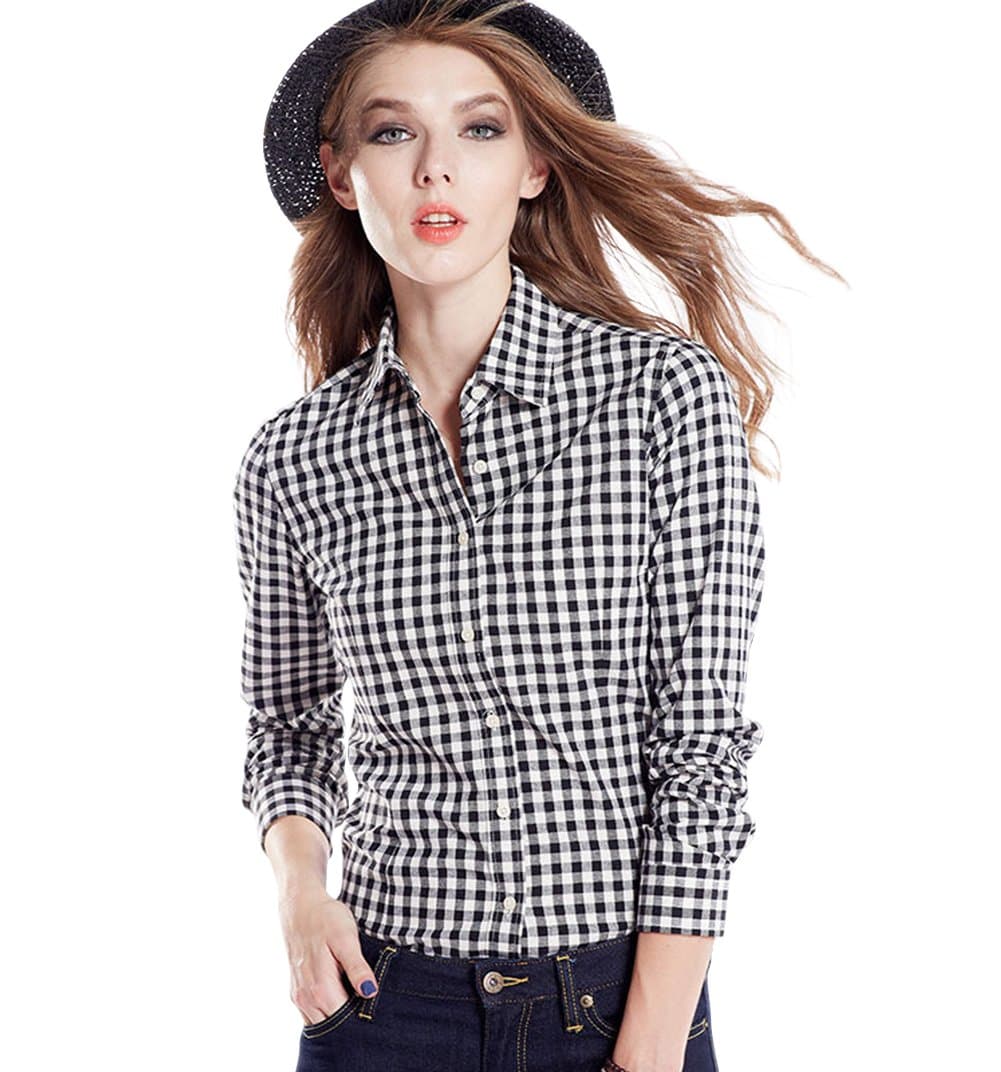 Women's Gingham Long Sleeve Button Down Plaid Shirt Black White 0