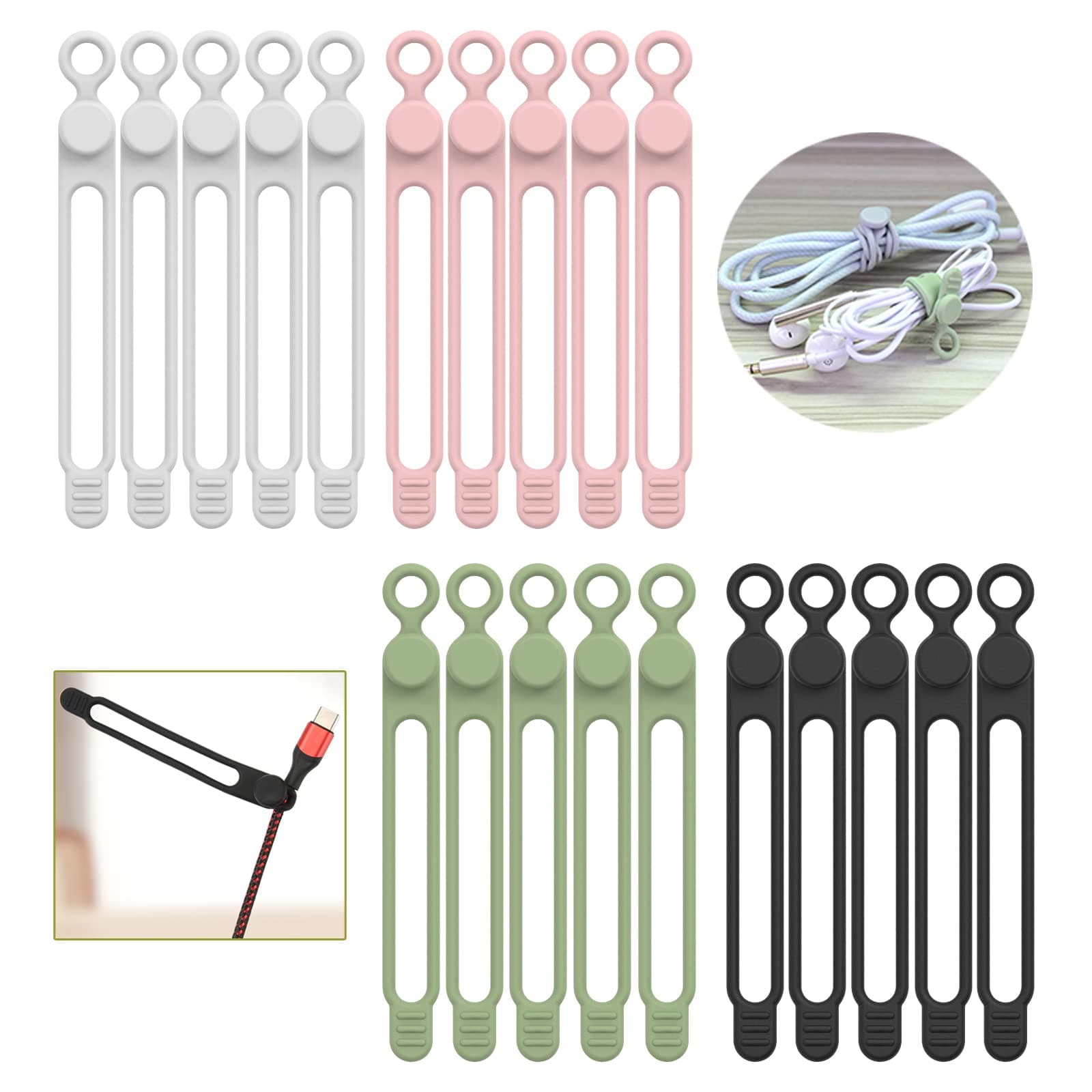 [20Park]UMUST Silicone Cable Ties,Reusable Cable Management Organizer, Multipurpose Elastic Cord Organizer for Bundling and Fastening Cable Cords Wires(black,white,pink,green)