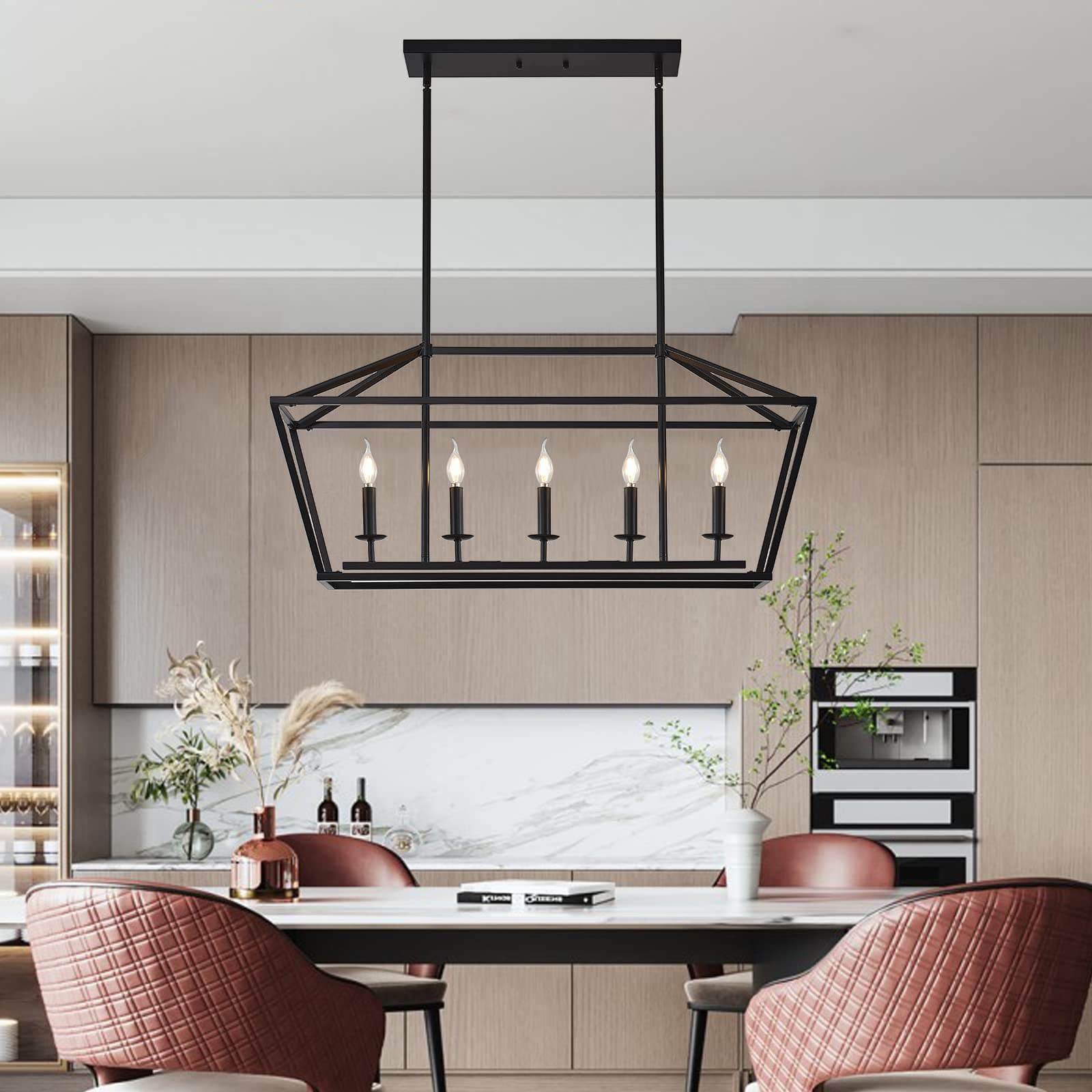 Kitchen Island Candle Rectangle Chandelier Light Fixture Linear 5 Light Dining Room Chandelier Farmhouse Black Modern Industrial Pendant Lighting for Kitchen Hallway Bar