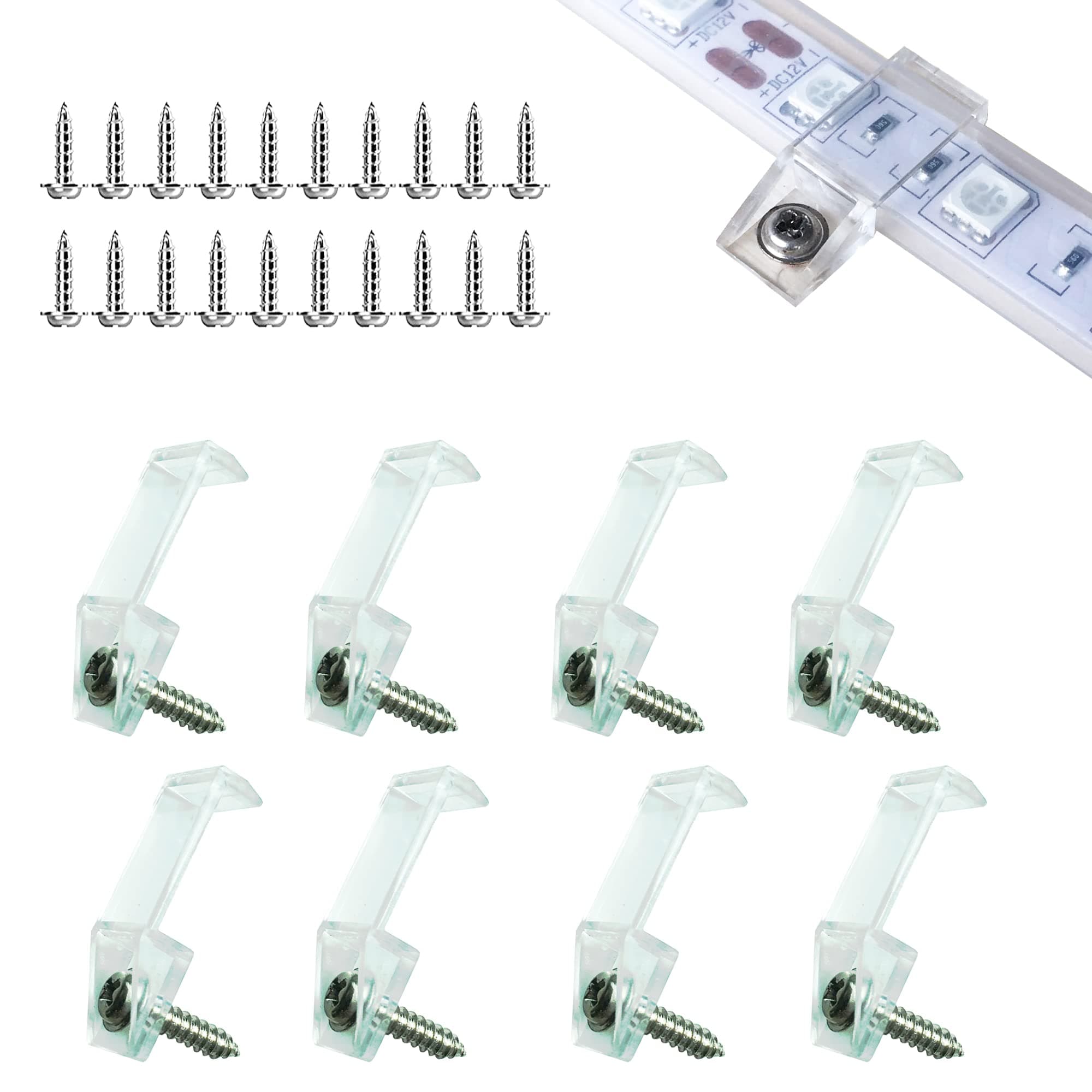 ATB- LED Light Strip Mounting Brackets,LED Strip Clips Clear Ideal for 8mm and 10mm IP65 Silicone Tube LED Strip Light,Two Screws Fixed.(100-Clips,200-Screws)